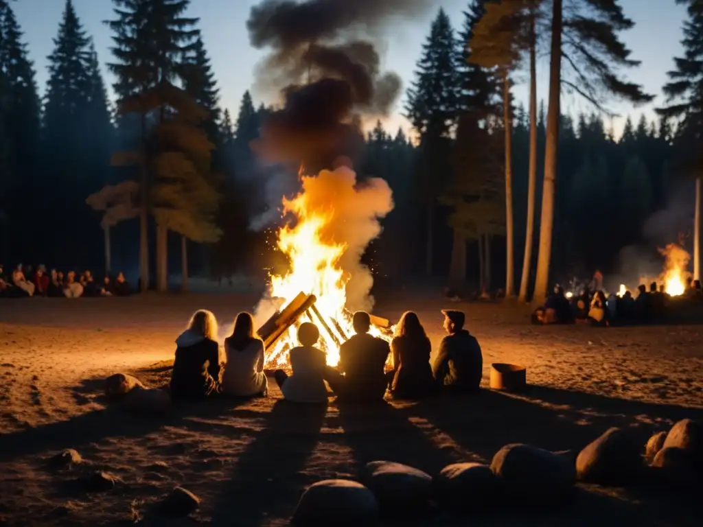 Personas reunidas alrededor de una fogata en el bosque, escuchando leyendas urbanas, conectando con el poder de los ancestros