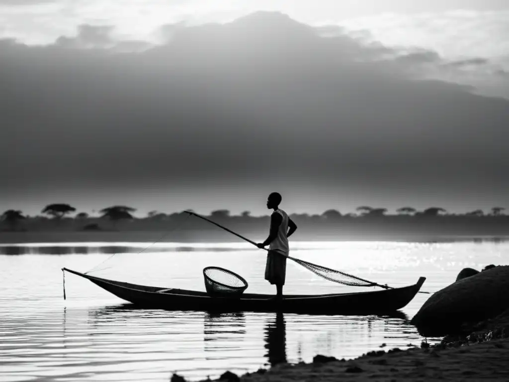 Un pescador keniano de pie en la orilla del lago Victoria, con la neblina matutina y siluetas de botes de pesca tradicionales