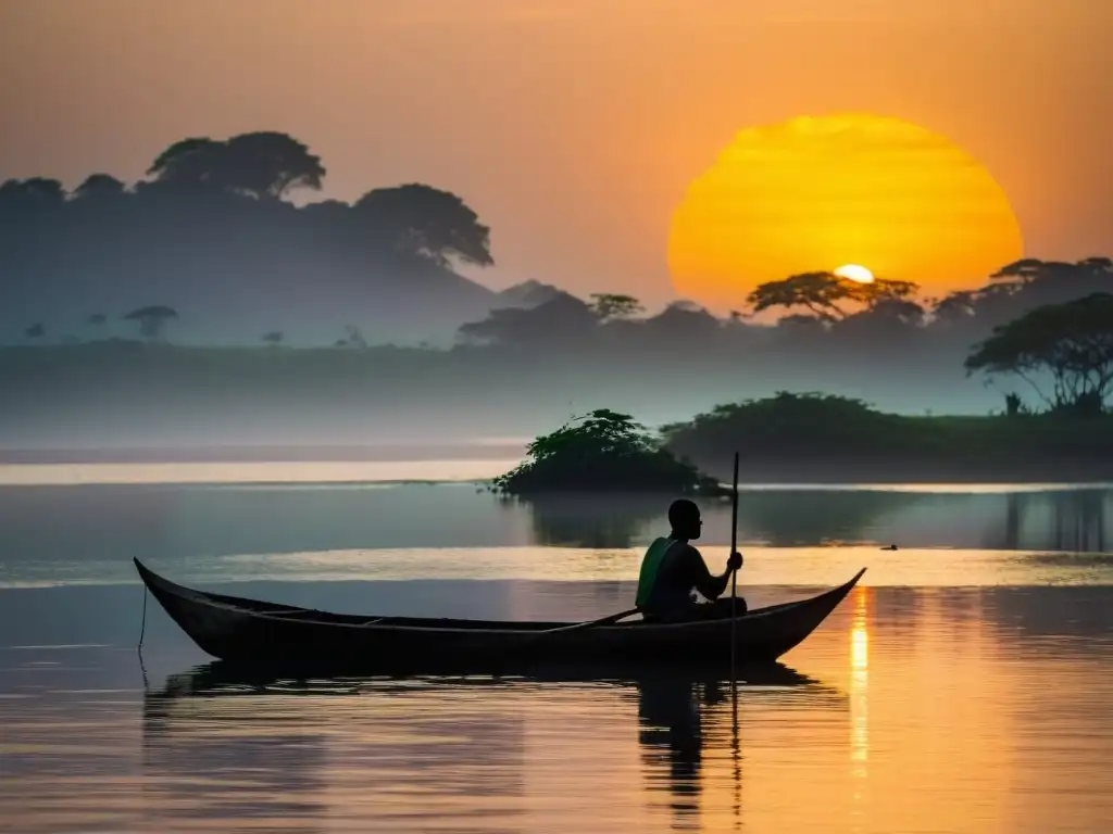 Un pescador solitario en su bote de madera en el misterioso lago Victoria al amanecer, con apariciones del fantasma lago Victoria
