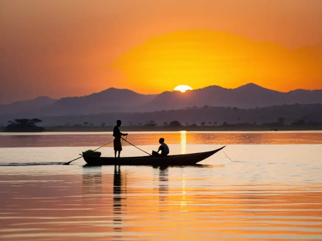 Un pescador solitario en un bote tradicional lanza su red en el lago Victoria al atardecer, reflejando los colores cálidos del cielo