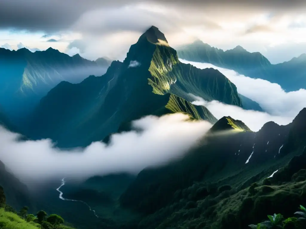 Los picos de las misteriosas Montañas Rwenzori envueltos en niebla, evocando la presencia de espíritus en un paisaje etéreo y cautivador