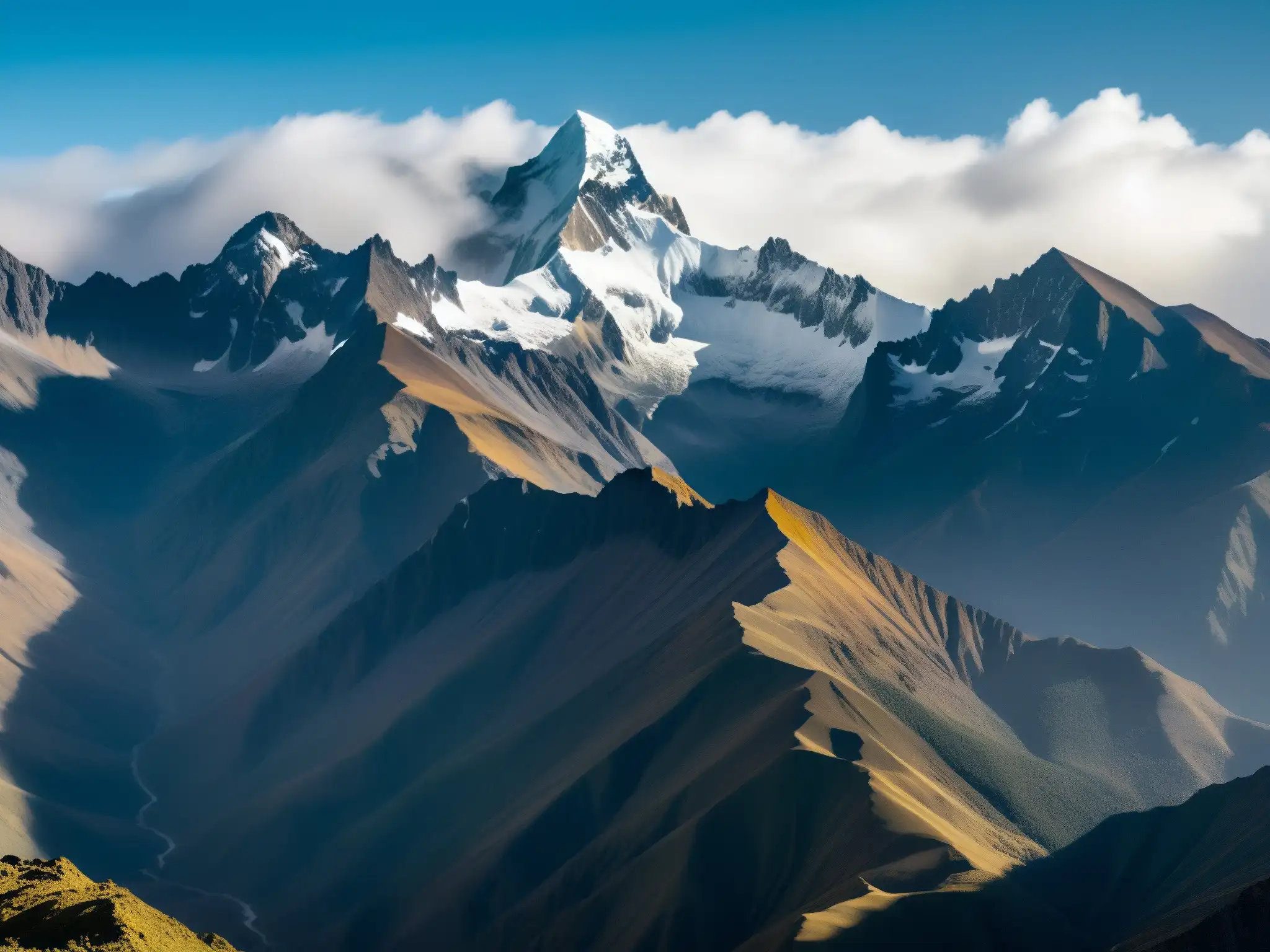Los picos nevados de los Andes crean un paisaje misterioso, con la silueta del Ucumar sutilmente visible