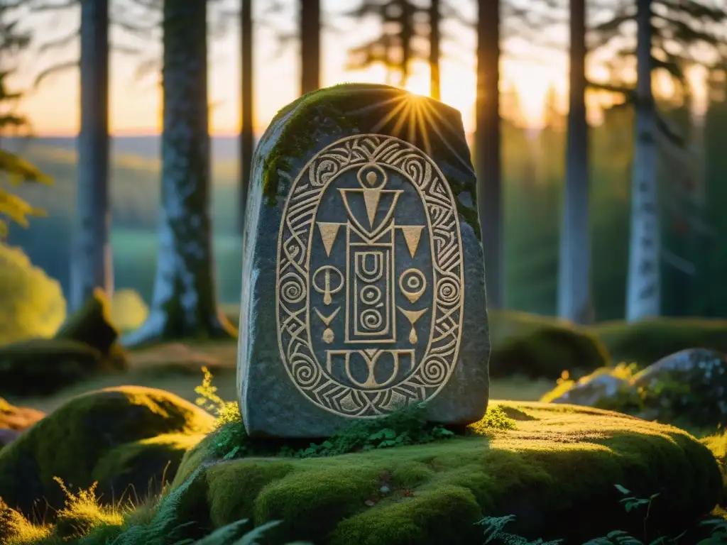 Piedras de Mora leyendas urbanas: Misteriosa runa nórdica entre bosque místico al atardecer