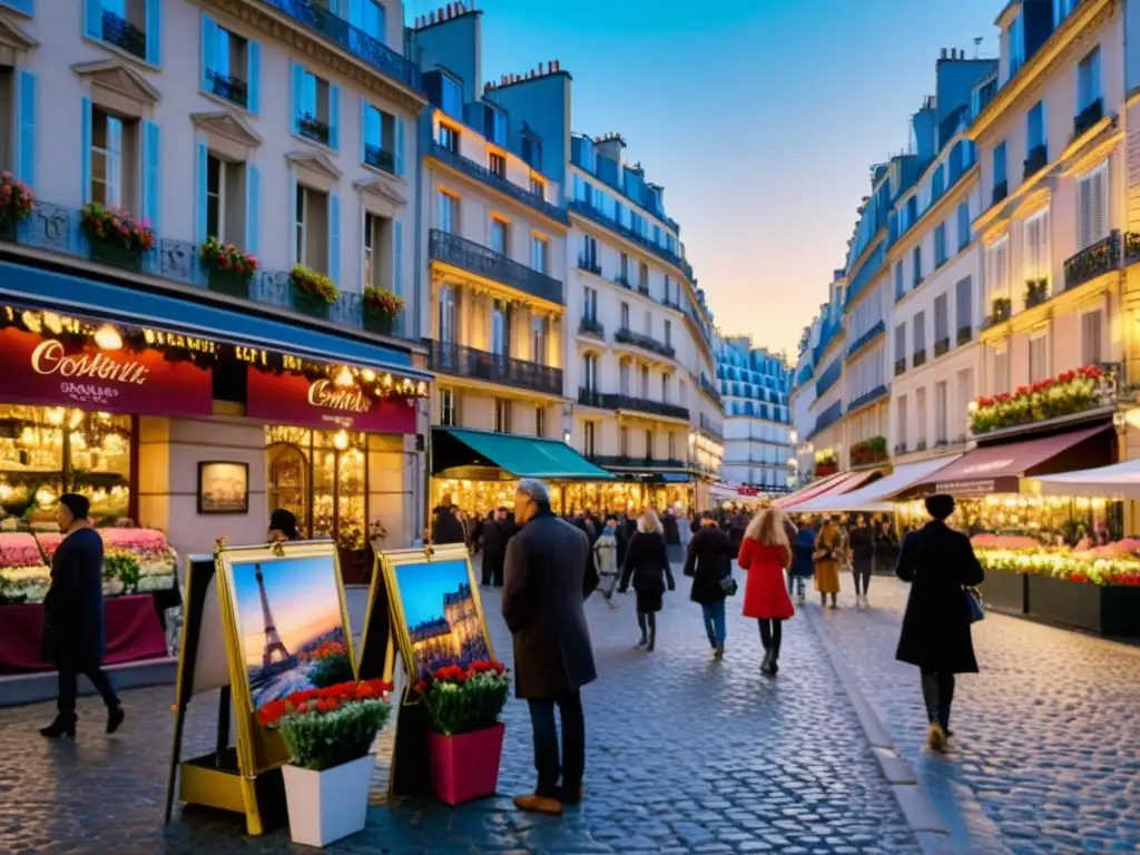 Pintoresca calle parisina al anochecer, edificios Haussmann con balcones floridos, gente paseando y artista callejero