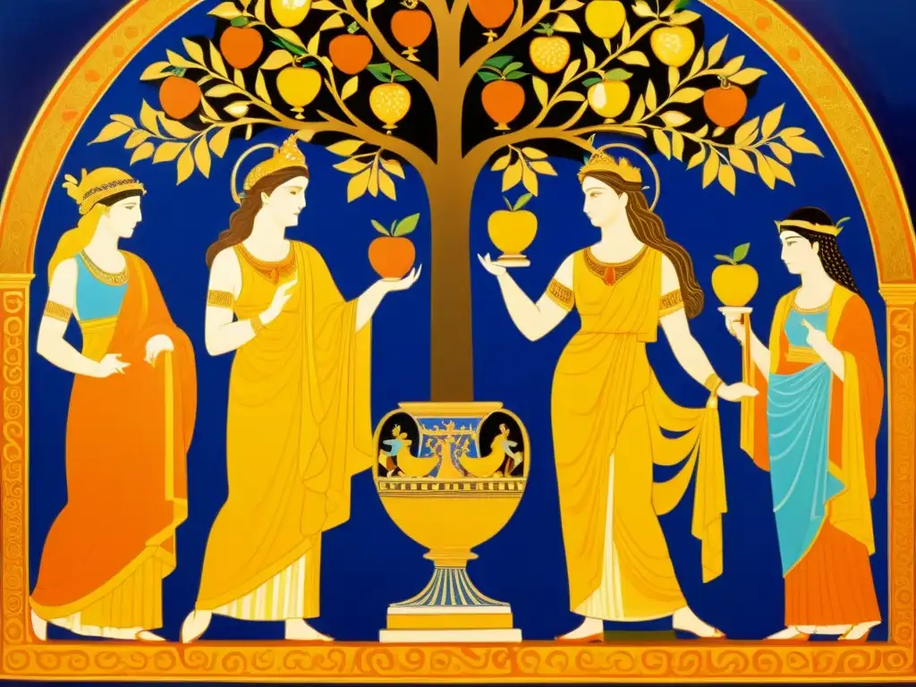 Pintura antigua griega con Hera, Atenea y Afrodita compitiendo por el título de la más bella bajo un manzano dorado