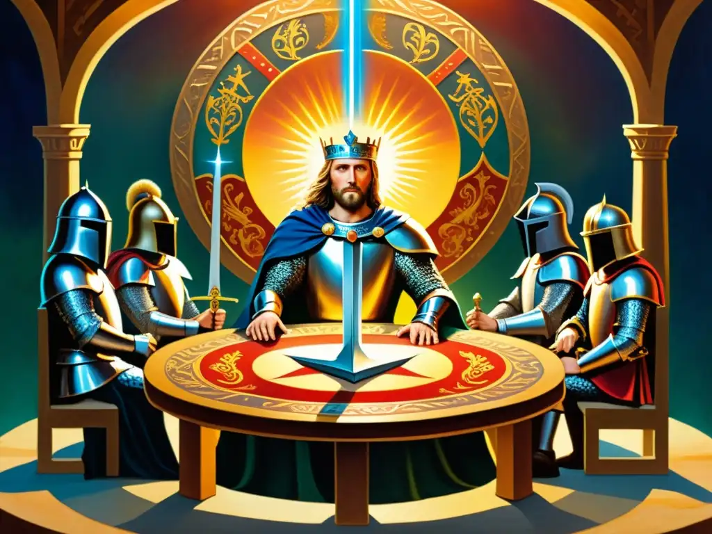 Una pintura del Rey Arturo y sus caballeros en la legendaria mesa redonda, con Excalibur en el centro