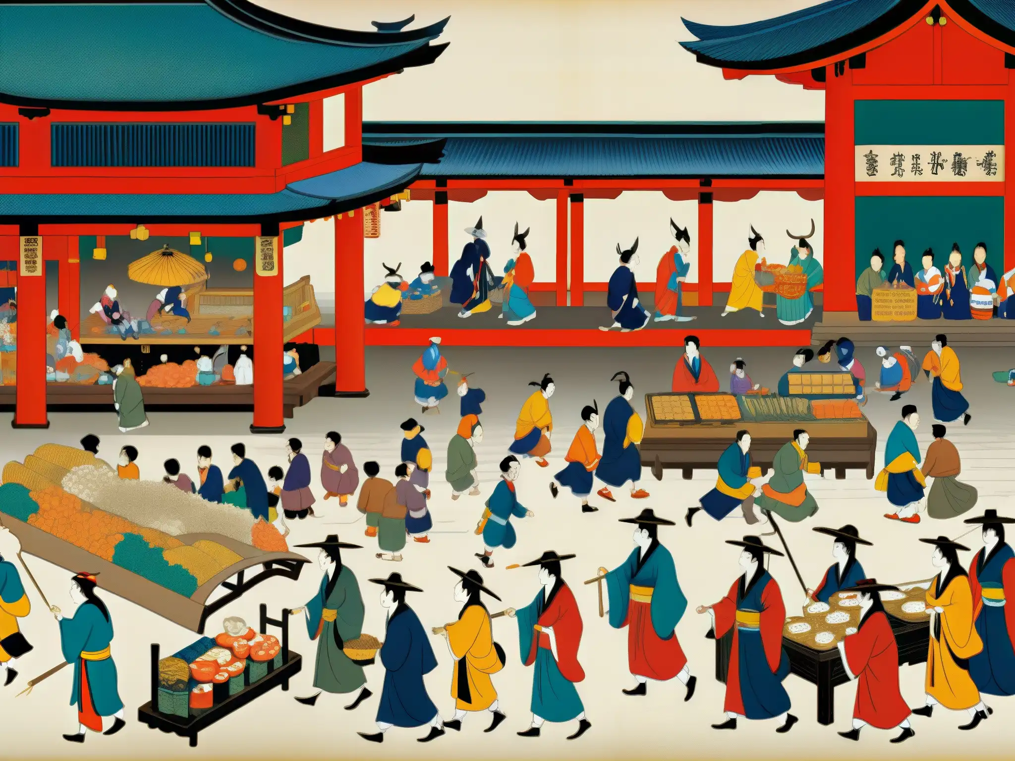 Una pintura detallada de un mercado japonés con Yōkai, seres misteriosos de la cultura japonesa, que muestran su influencia en la cultura pop