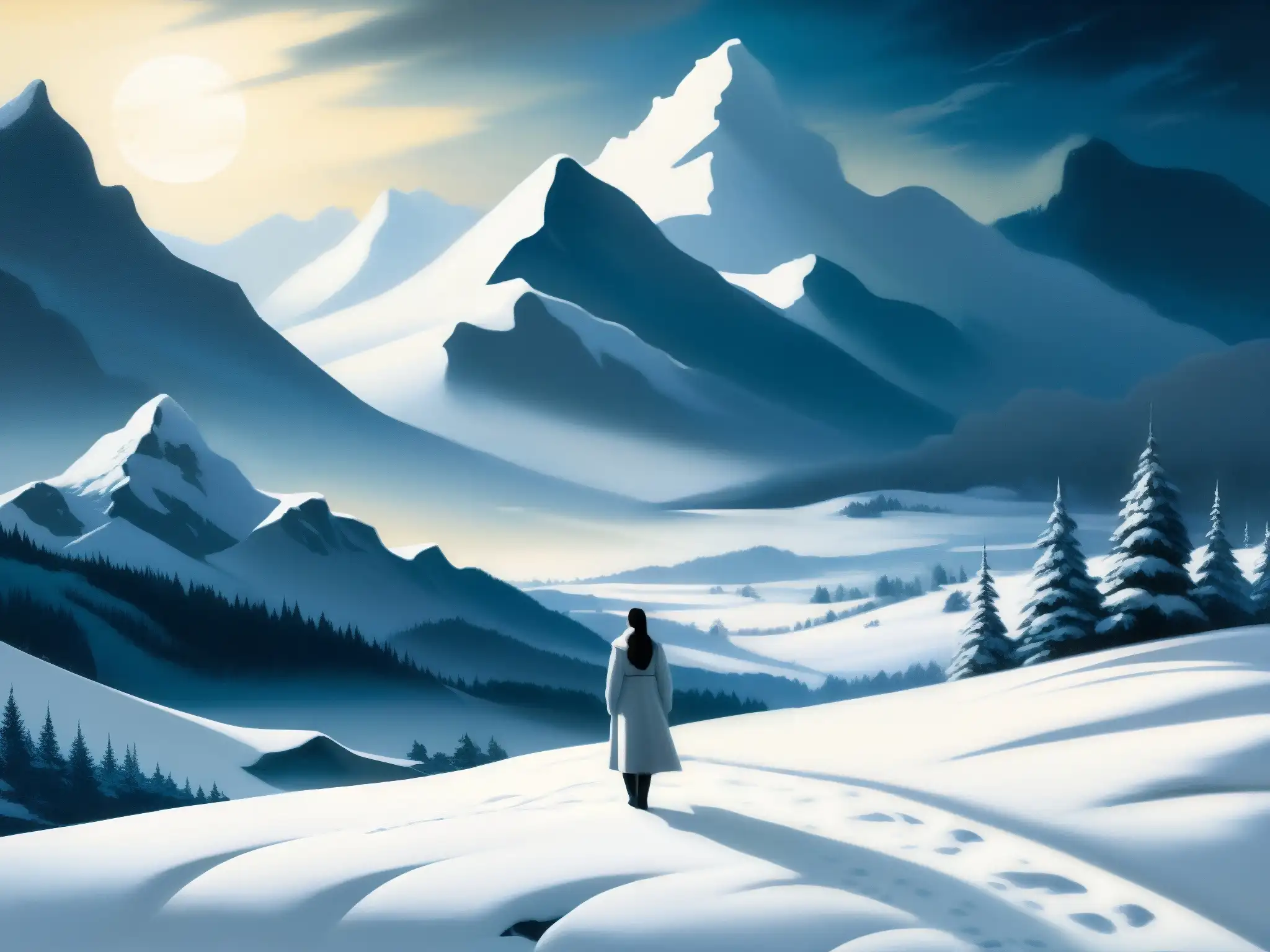 Una pintura hipnotizante de un paisaje nevado tranquilo con una figura misteriosa envuelta en blanco, fusionada con el entorno invernal