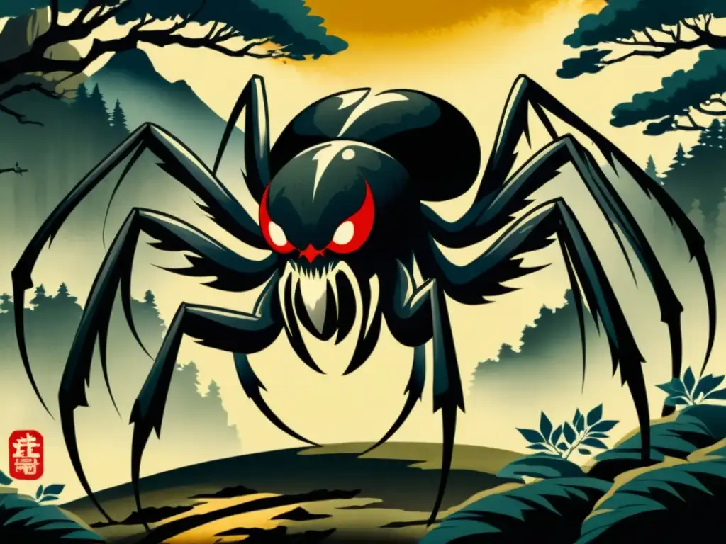 Una pintura japonesa detallada muestra al espíritu de araña Tsuchigumo en forma monstruosa en un bosque místico