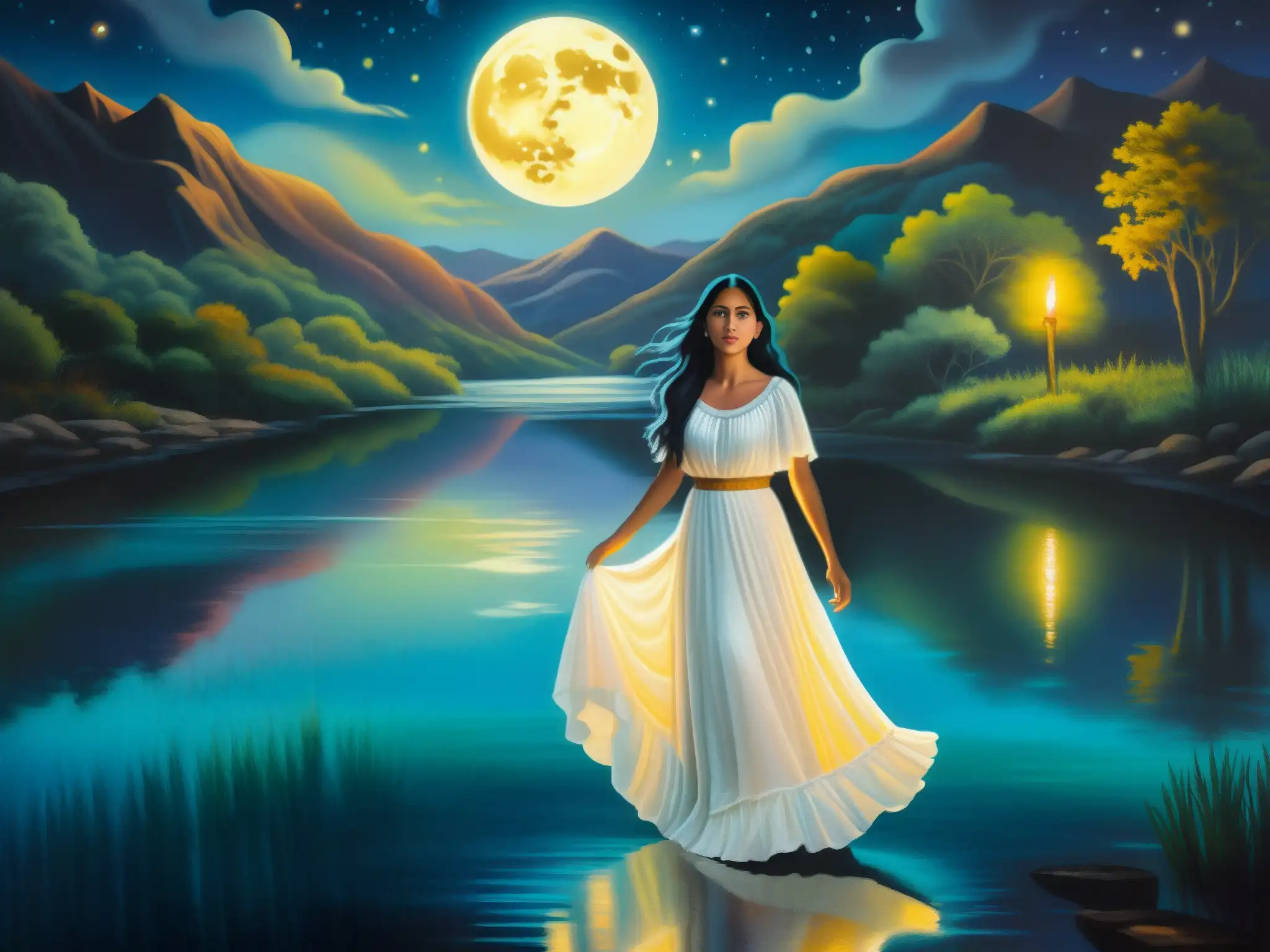 Una pintura mural impactante de La Llorona, con su vestido blanco ondeando mientras camina junto a un río iluminado por la luna