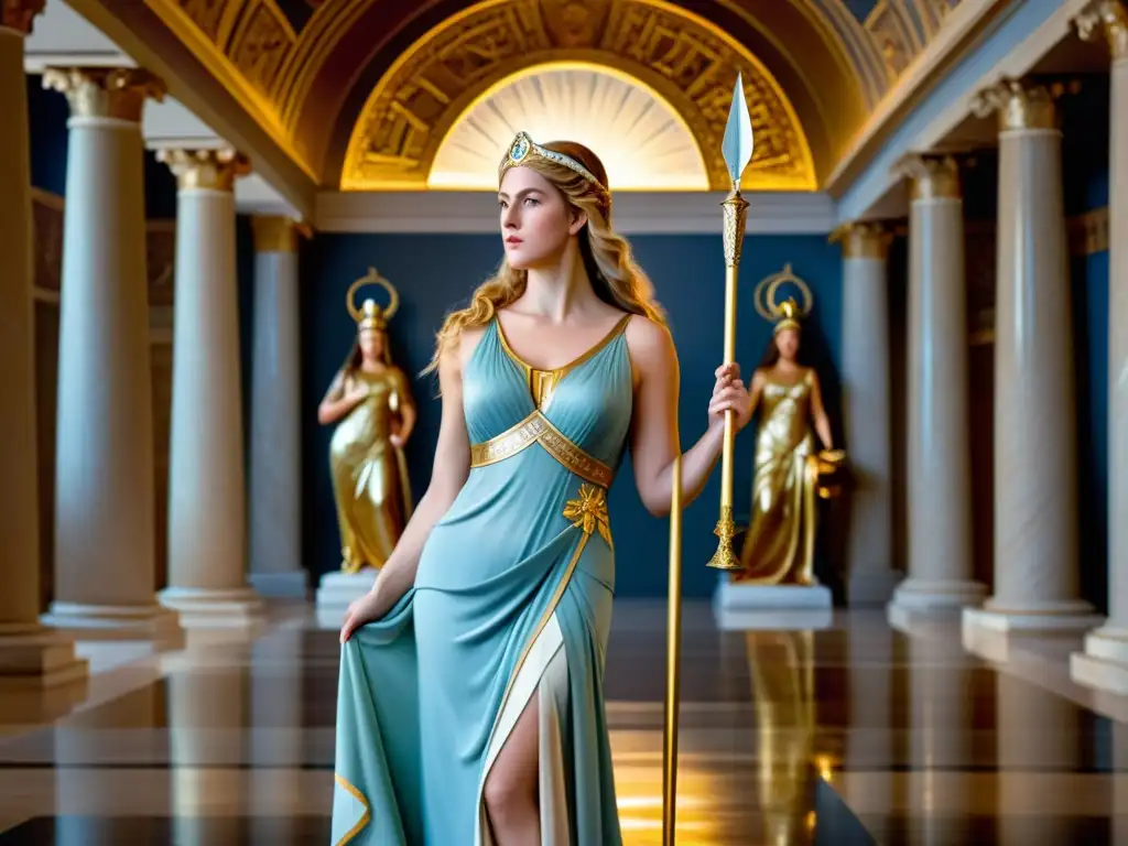 Una pintura renacentista impresionante muestra a las diosas Atenea, Afrodita y Hera en un majestuoso salón, emanando poder y gracia