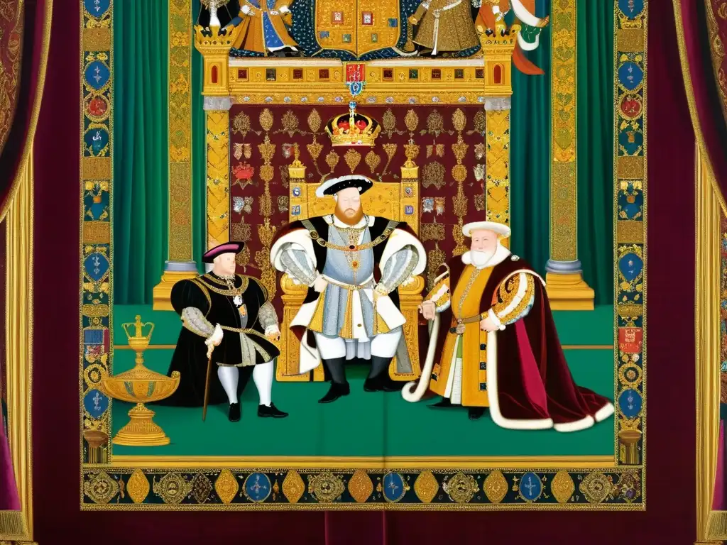 Una pintura vibrante y detallada de la corte real de Enrique VIII, exudando opulencia y grandiosidad en la Inglaterra Tudor