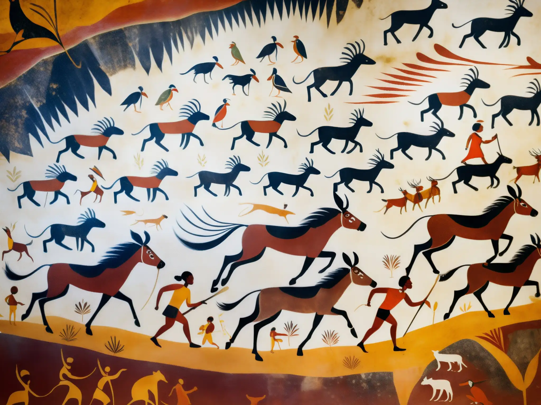 Pinturas rupestres en la Cueva de la Pileta: Detalle de una escena de caza con figuras humanas y animales, colores vibrantes y líneas finas