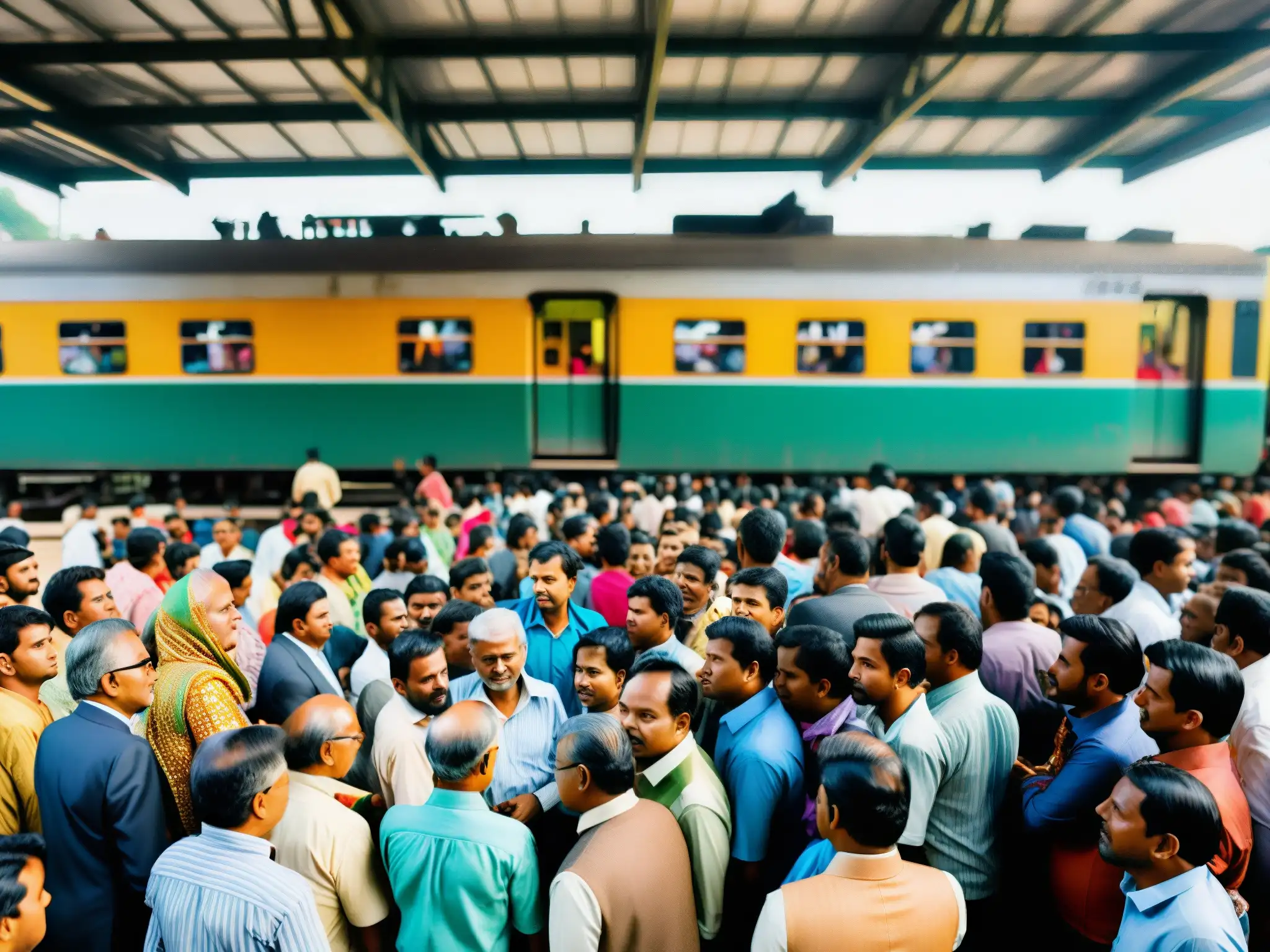 Una plataforma de tren abarrotada en Bangladesh, con gente de todas las edades y orígenes esperando el tren