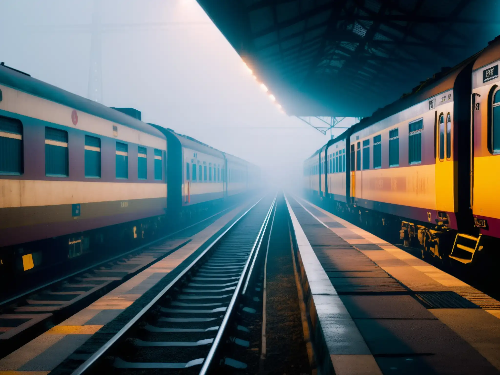 Plataformas neblinosas de la estación Howrah, con vías vacías y atmósfera misteriosa