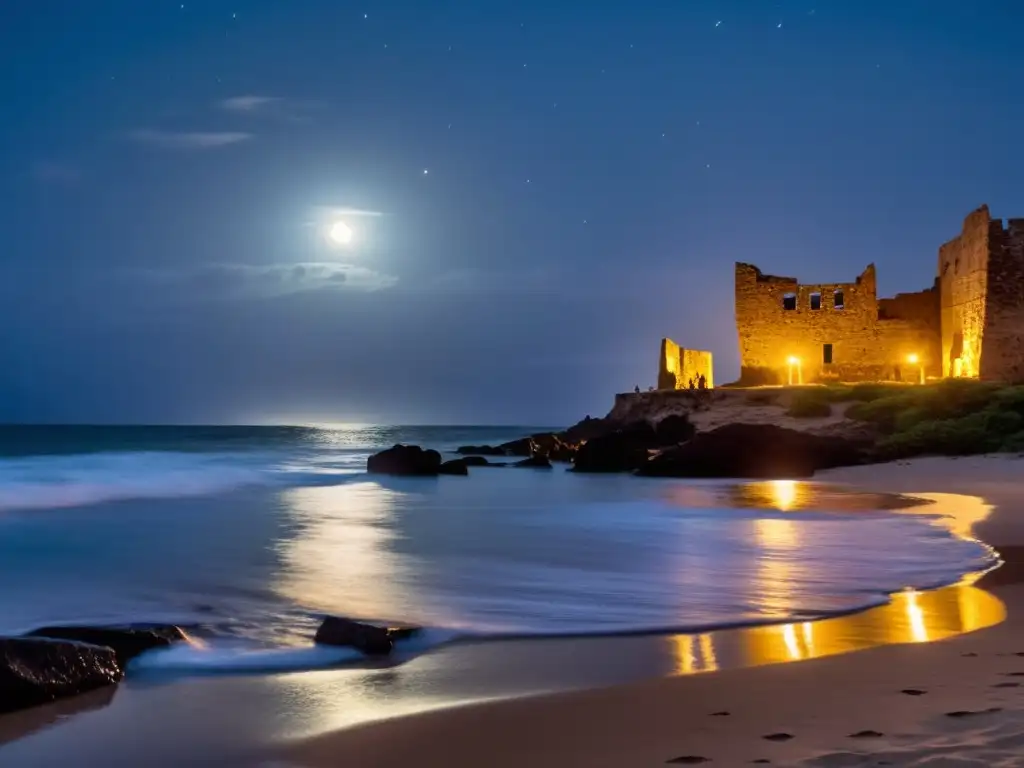 Playa iluminada por la luna en la costa Swahili, con ruinas de un antiguo puesto de comercio árabe en silueta