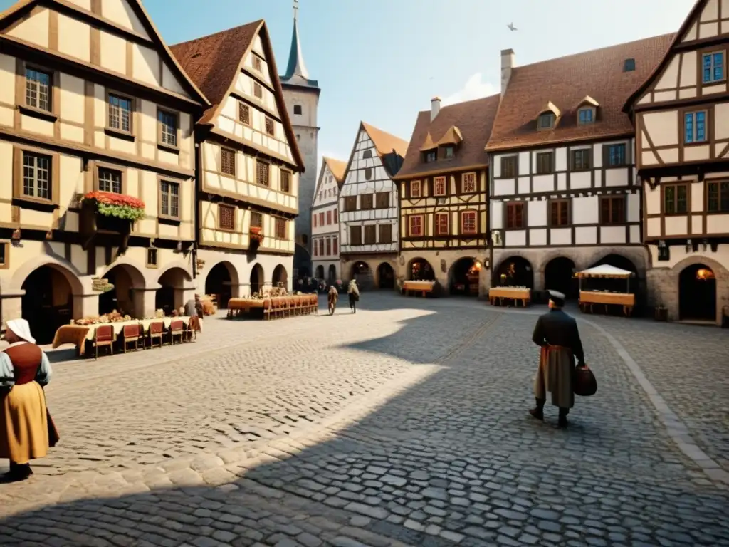 Plaza medieval europea con ambiente histórico y raíces urbanas, leyendas y brujas