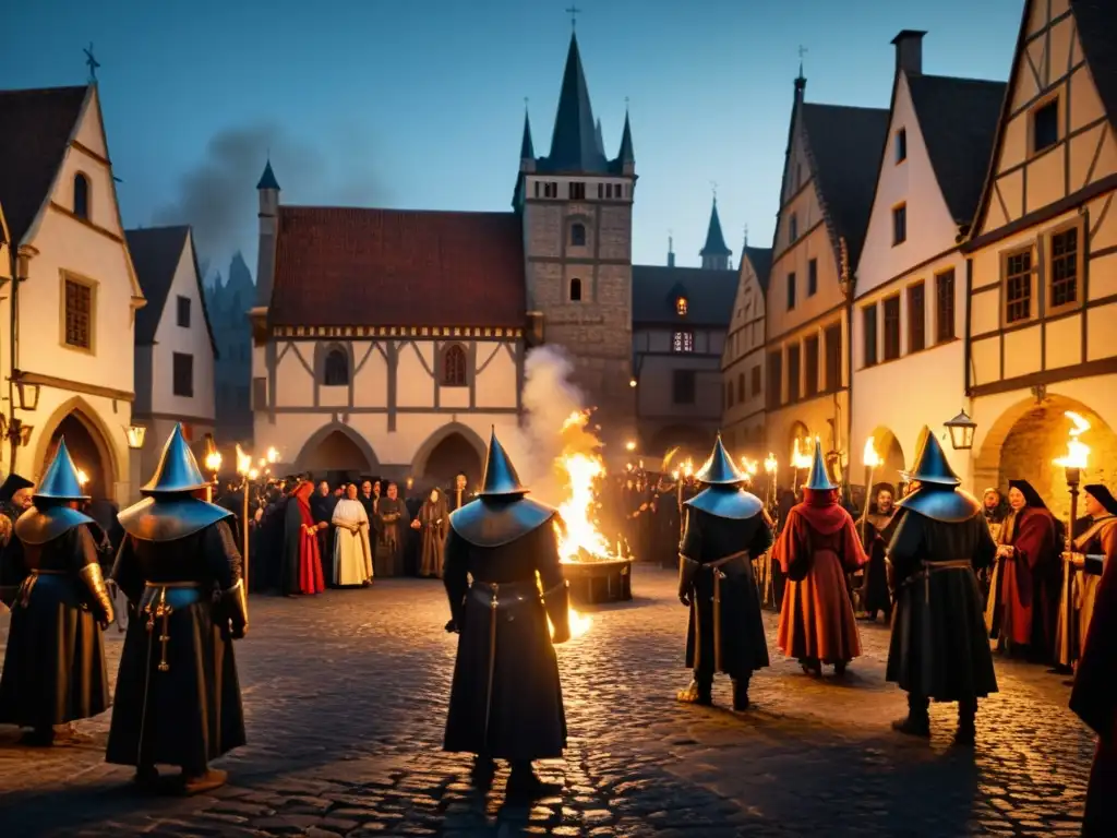 En una plaza medieval, inquisidores interrogan a supuestas brujas
