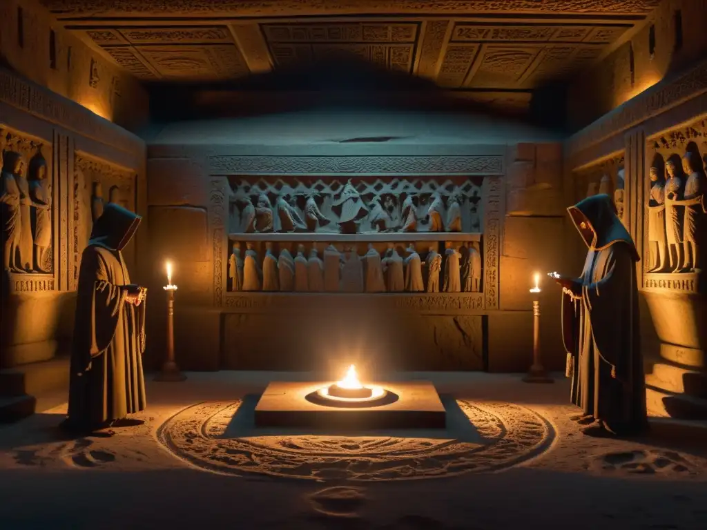 Prácticas ocultistas en Tanzania: misterioso ritual en una cámara subterránea iluminada por velas, con figuras encapuchadas alrededor de un altar