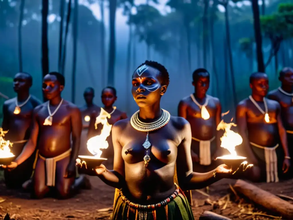 Prácticas ocultistas en Tanzania: Ritual tradicional en un bosque oscuro, con practicantes adornados y envueltos en misterio
