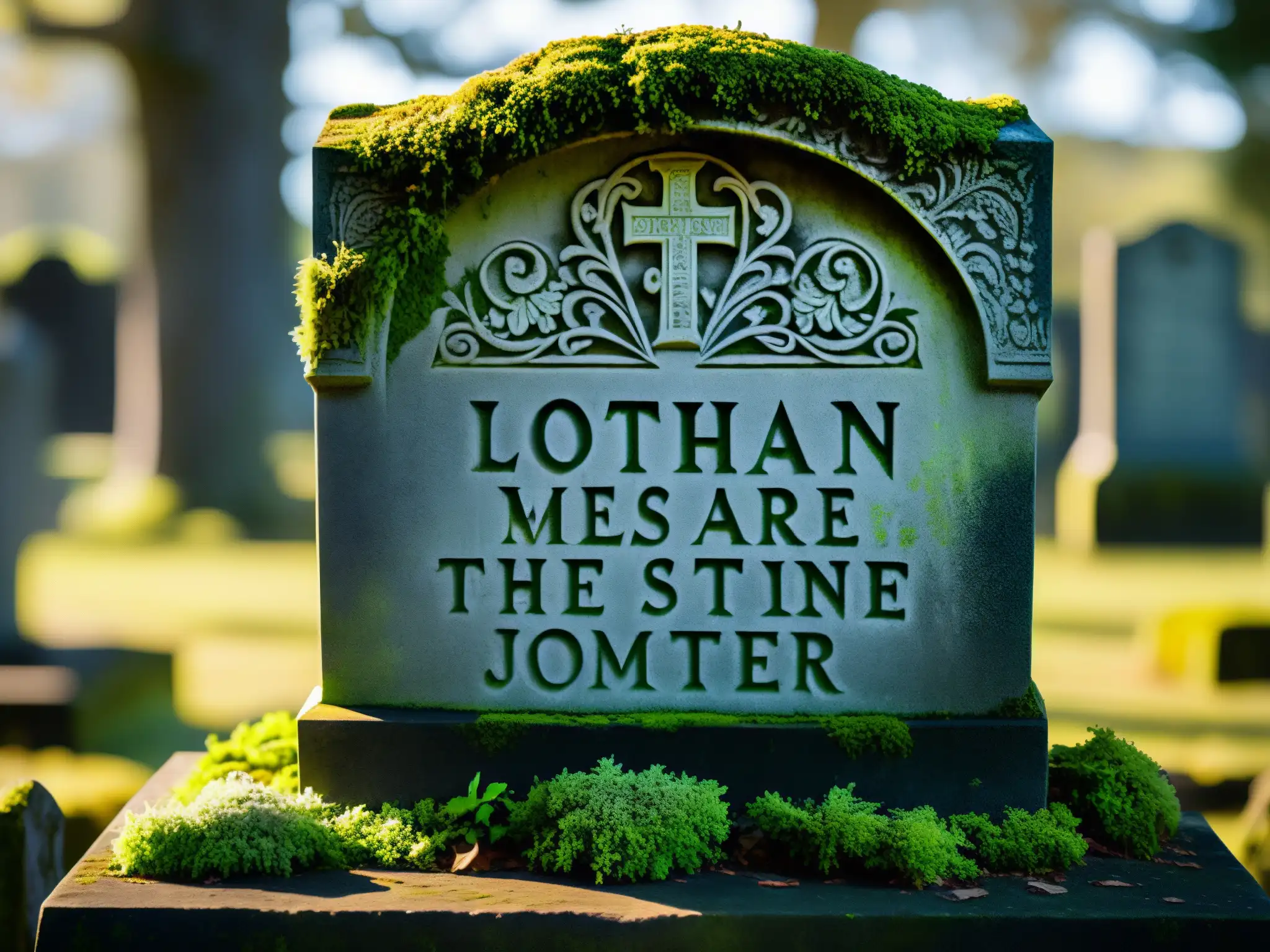 Presencia del Más Allá en Cementerio Lothian: Detalle de antigua lápida cubierta de musgo y líquenes, iluminada por la luz entre los árboles