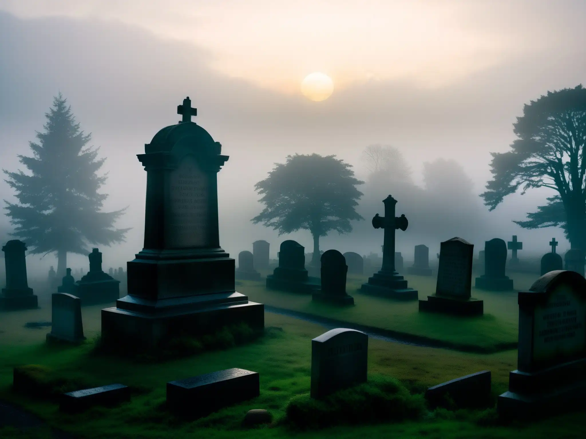 Presencia del Más Allá en Cementerio Lothian: Atmósfera misteriosa con tumbas antiguas envueltas en niebla y una figura en silueta