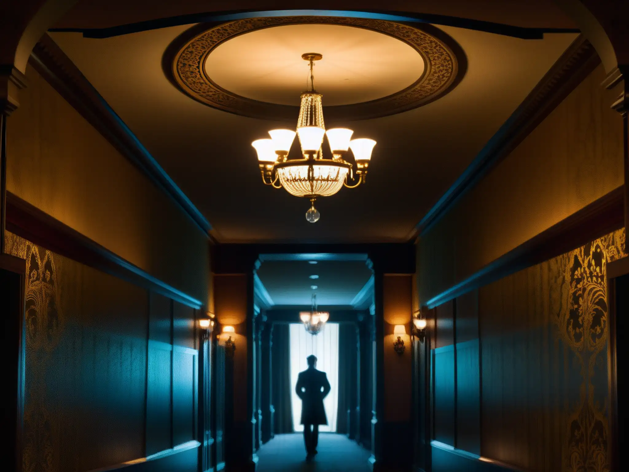 Presencia escalofriante en el Hotel Fairmont Banff: pasillo sombrío con papel pintado antiguo y lámpara vintage