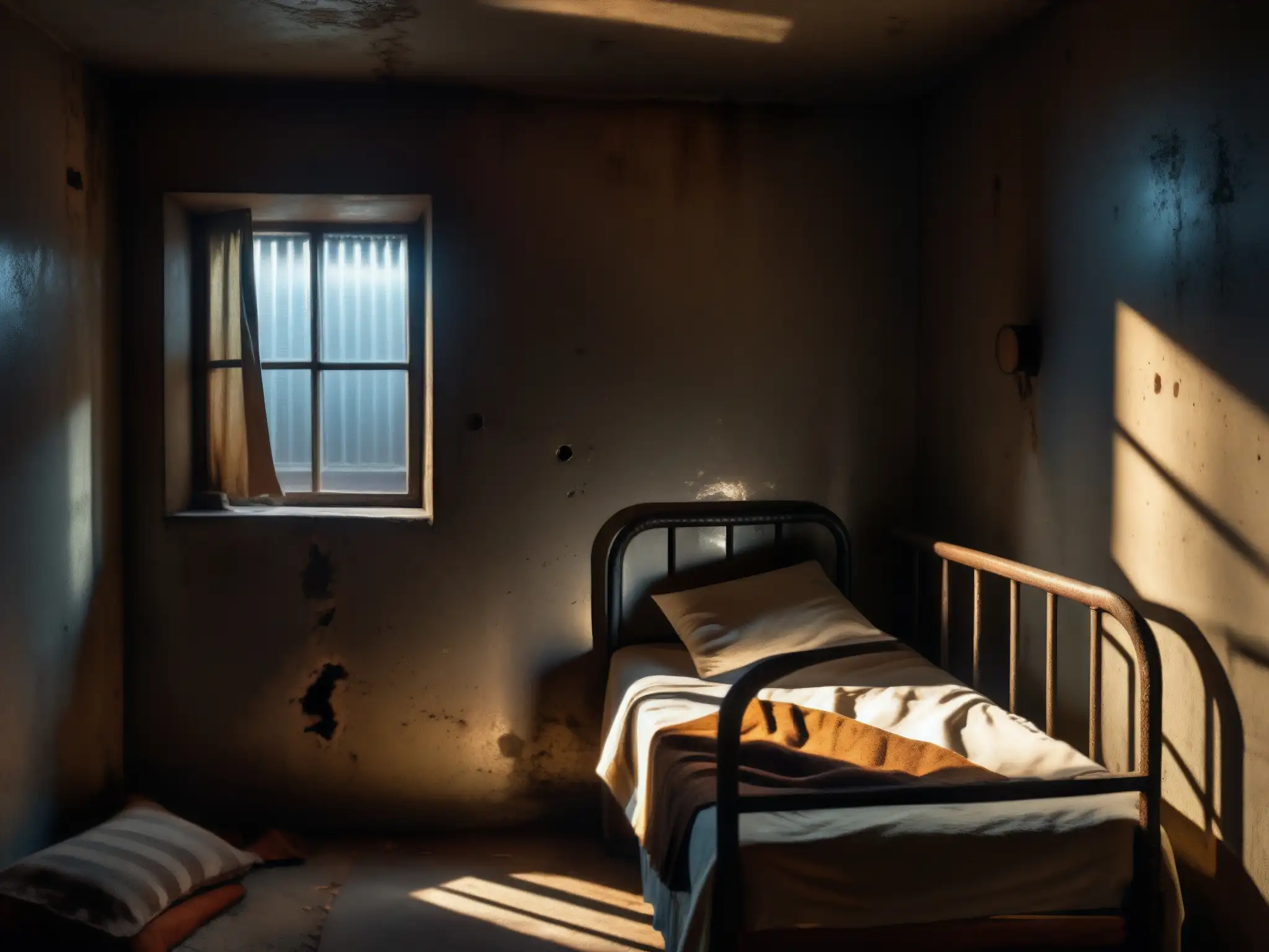 Prisión celular en penumbra con celdas descascaradas, ventana con barrotes y cama oxidada, evocando mitos y leyendas urbanas