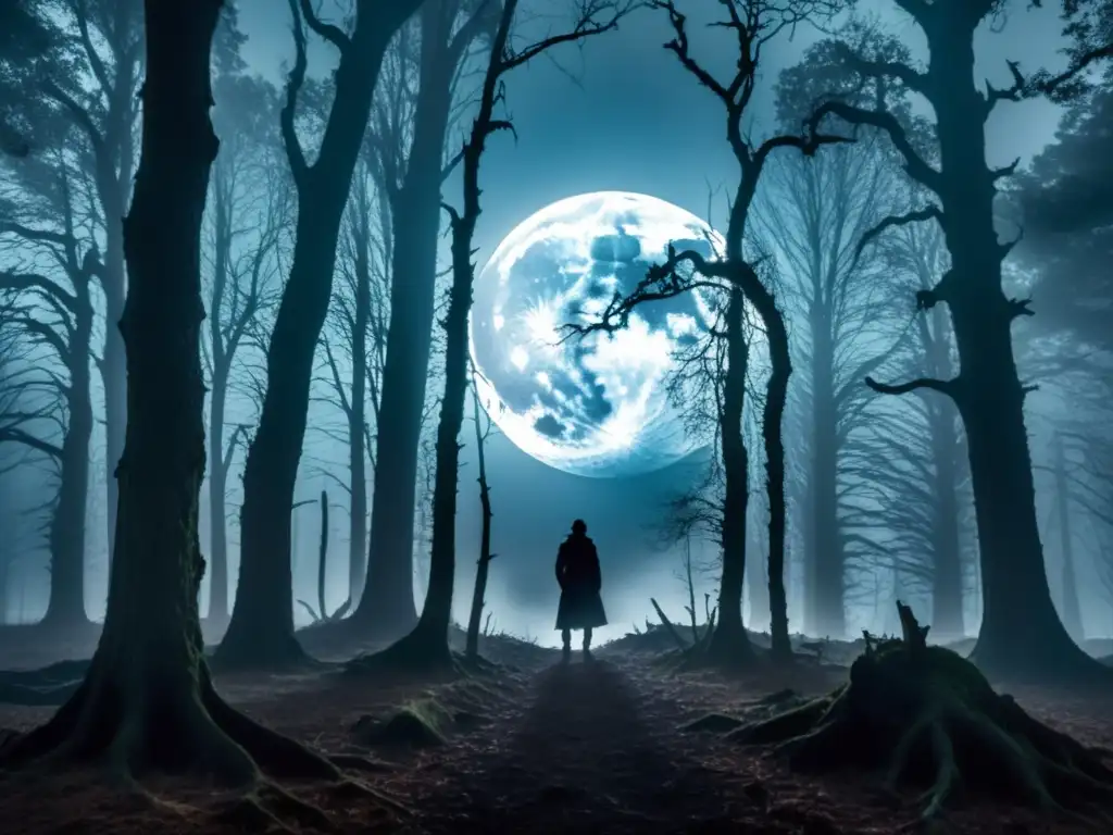 En lo profundo del bosque oscuro y brumoso, la figura de una bruja de ojos brillantes crea una atmósfera de misterio y terror