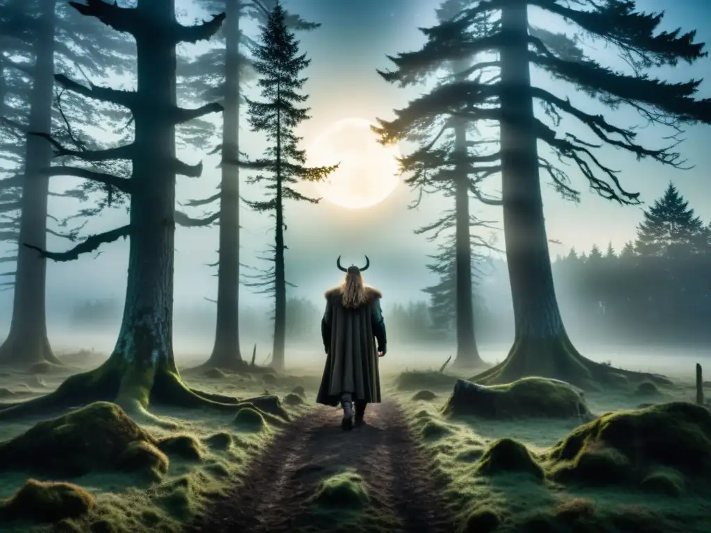 En lo profundo del bosque europeo del norte, una misteriosa aparición del fantasma del rey vikingo emerge entre la neblina y la luz de la luna