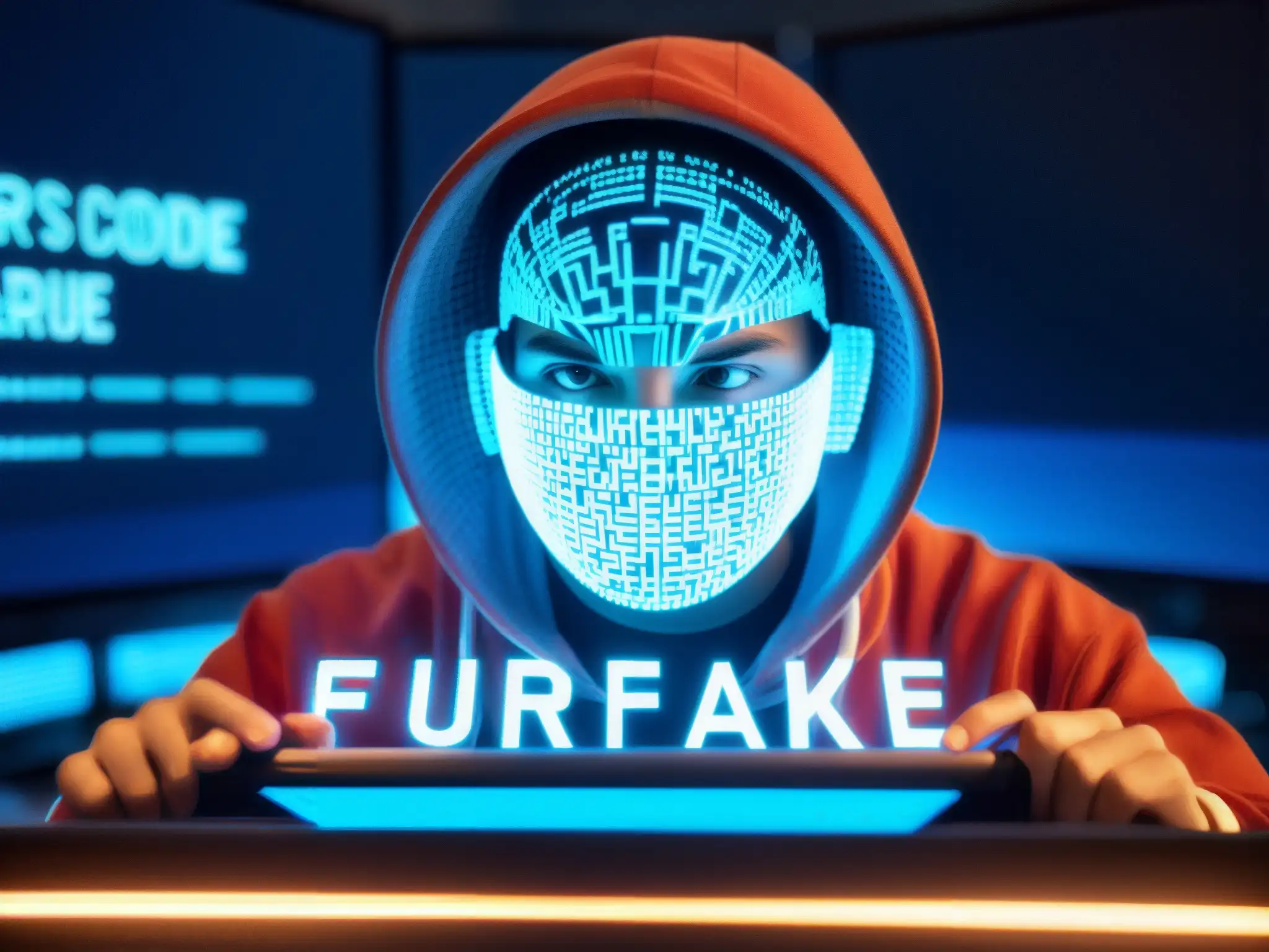 Un programador con capucha trabaja intensamente en su computadora, creando deepfakes: riesgos en la era digital