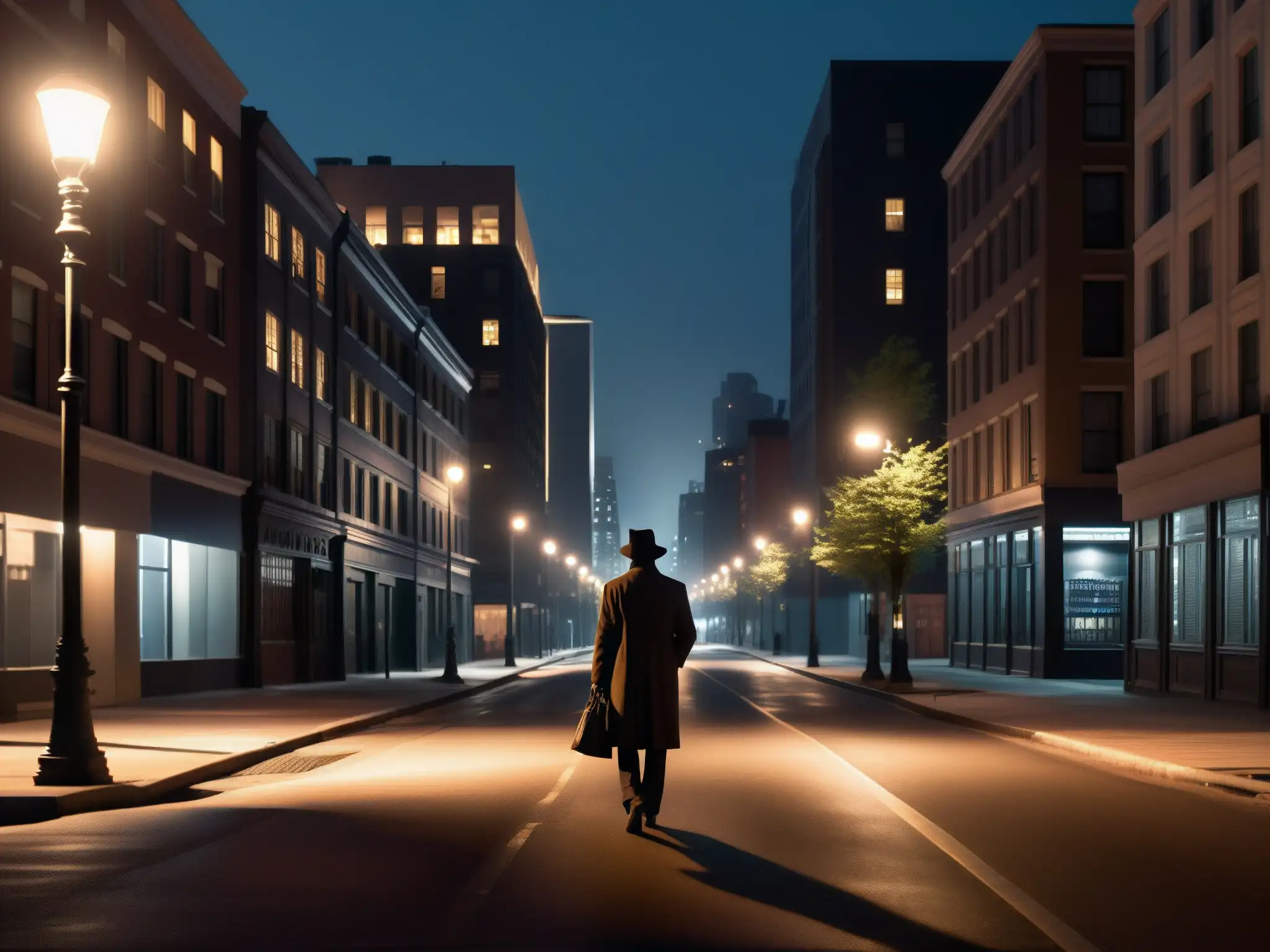 Psicoanálisis de leyendas urbanas miedo: Una figura solitaria camina por una calle de la ciudad oscura, entre edificios altos y sombras alargadas