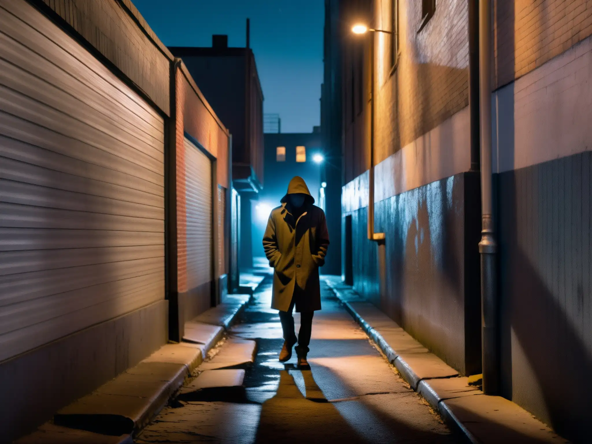 Psicología de las leyendas urbanas: Un callejón sombrío y misterioso de noche, con luces tenues y sombras inquietantes entre paredes graffiteadas
