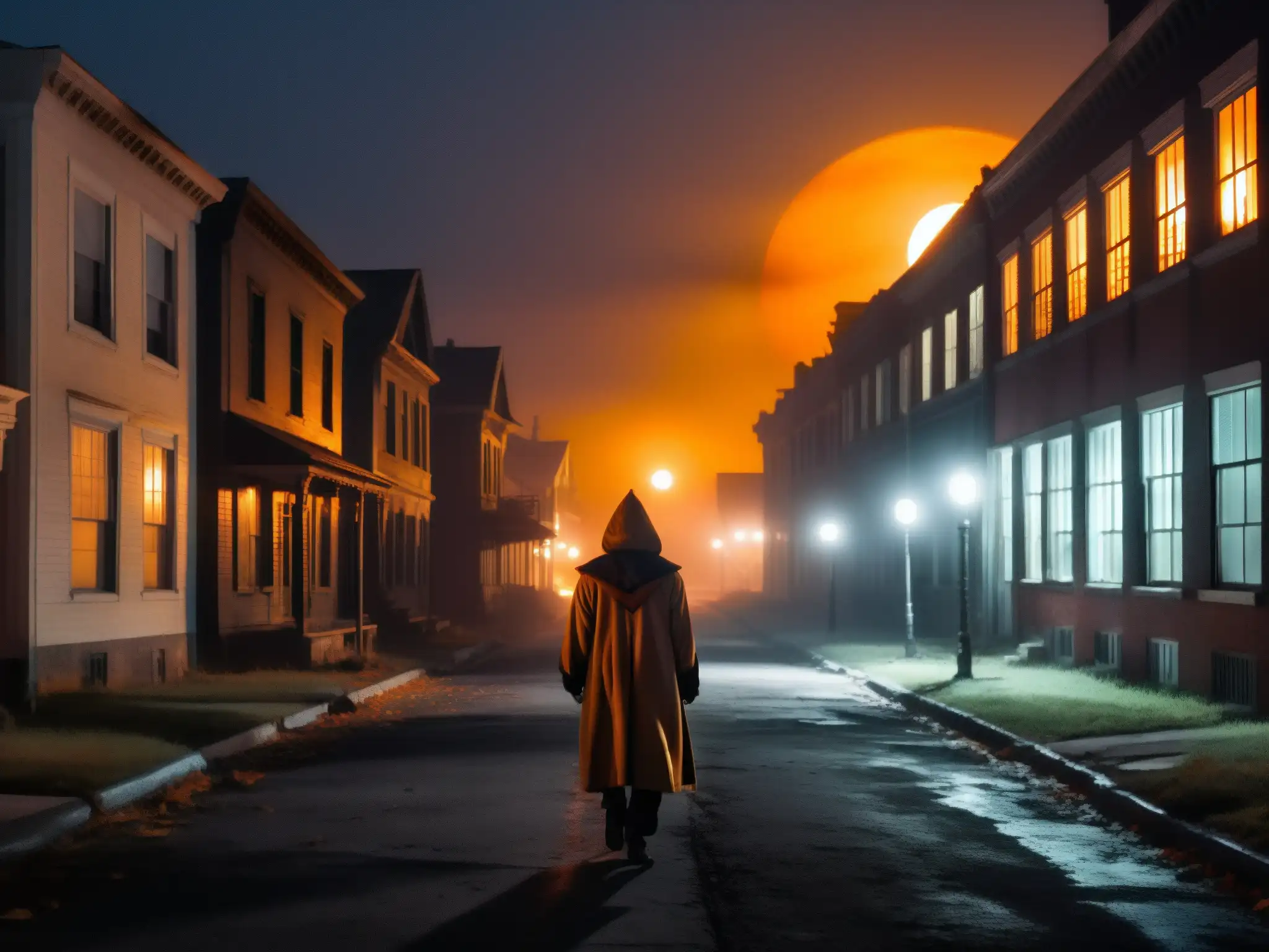 Psicología de leyendas urbanas Halloween: Un misterioso callejón nocturno con la luna llena proyectando sombras en edificios abandonados