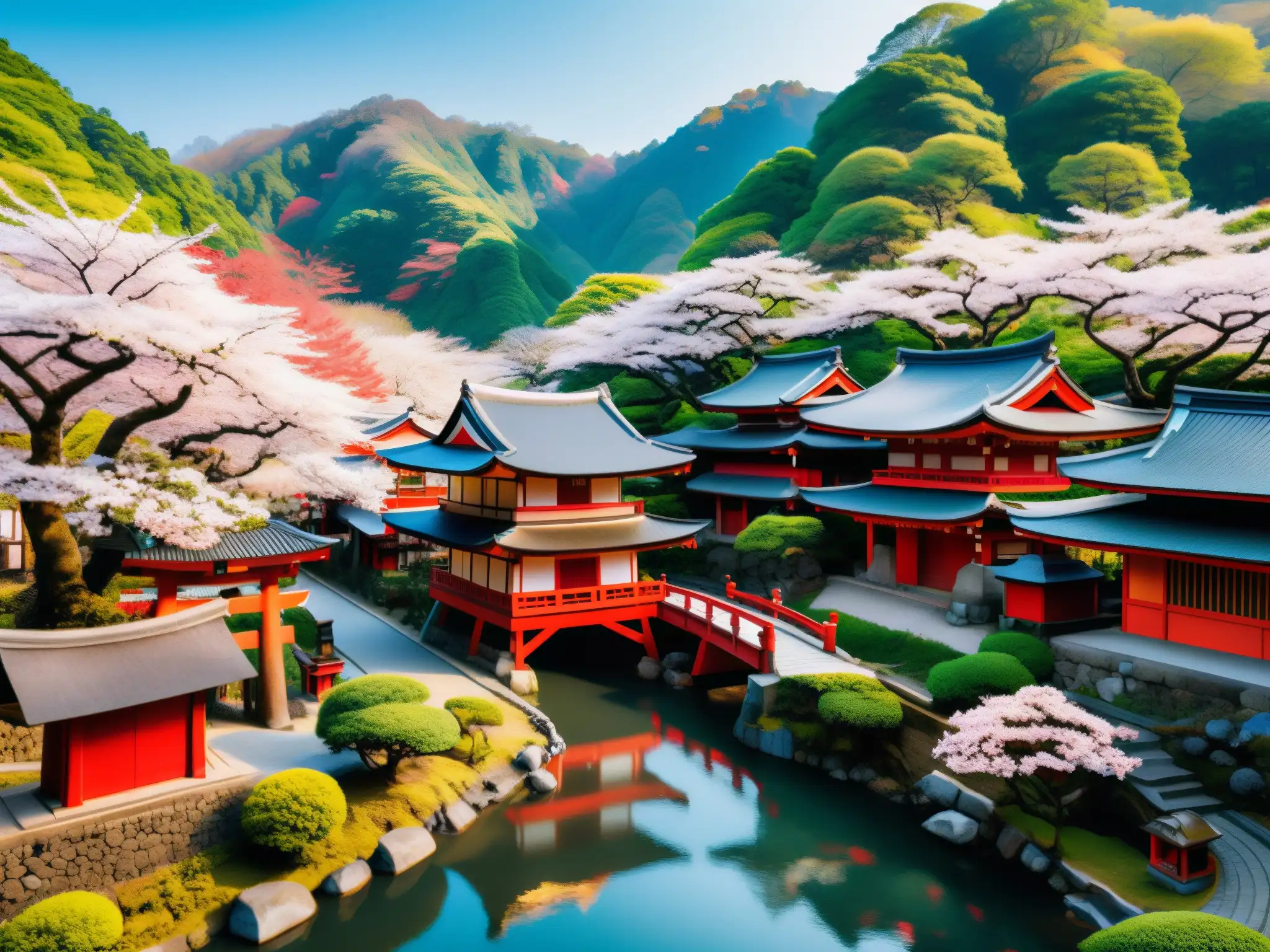 Un pueblo japonés tradicional rodeado de cerezos en flor, con un río serpenteante y un santuario en primer plano