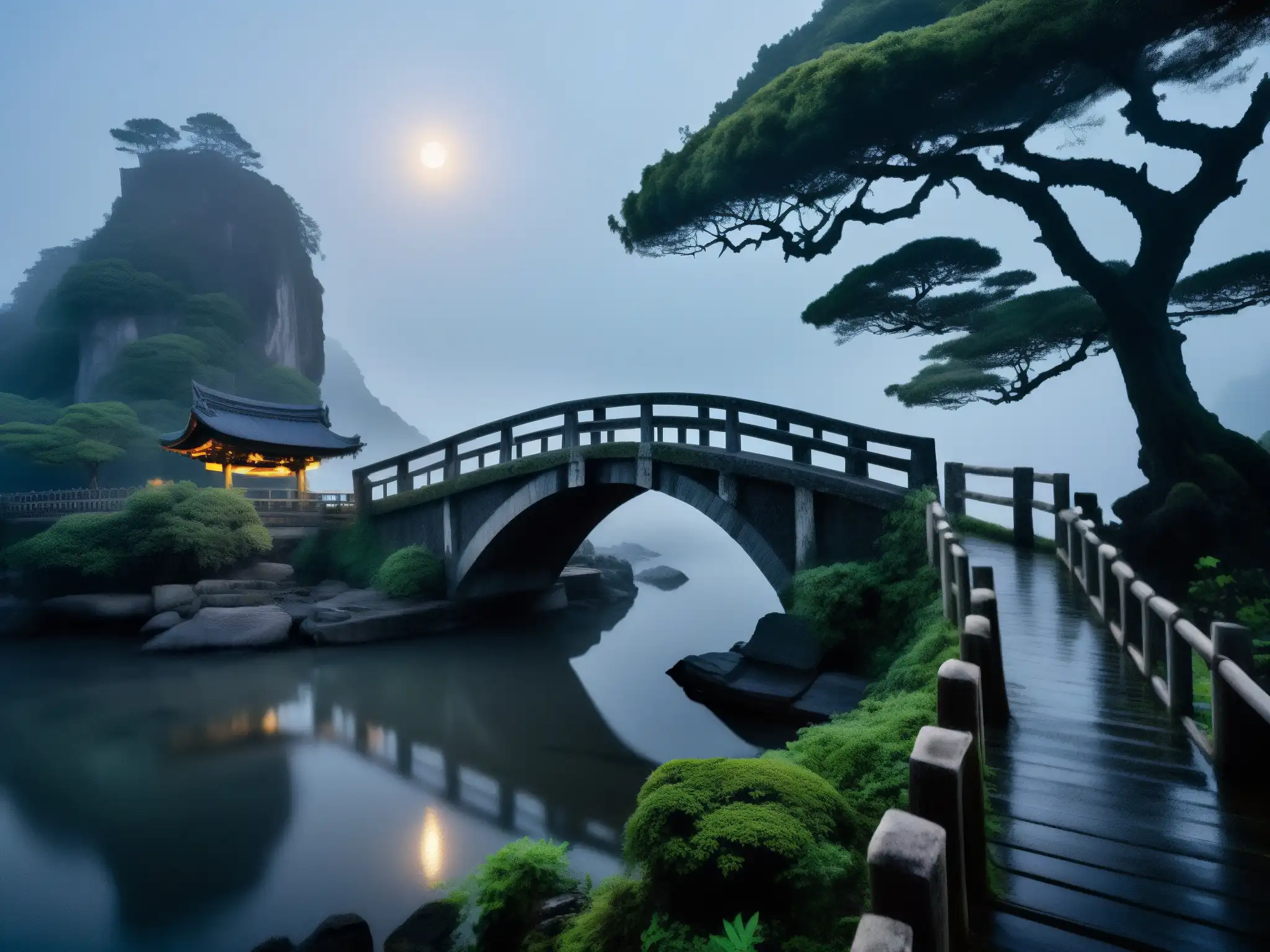 Un puente antiguo y misterioso, la niebla rodea la leyenda Saruhashi cultura actual en la noche