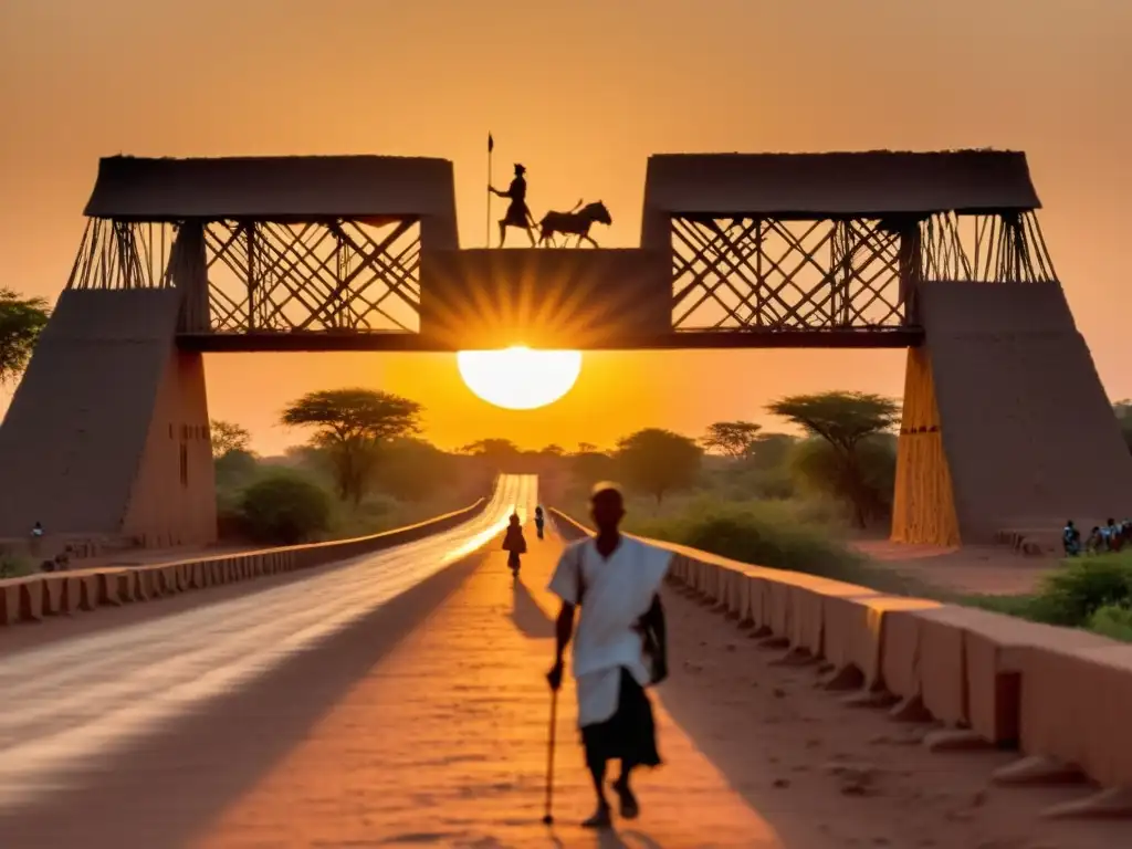 El Guardian del Puente Vieux Burkina Faso: Silueta misteriosa y sabiduría ancestral en la calidez del atardecer africano