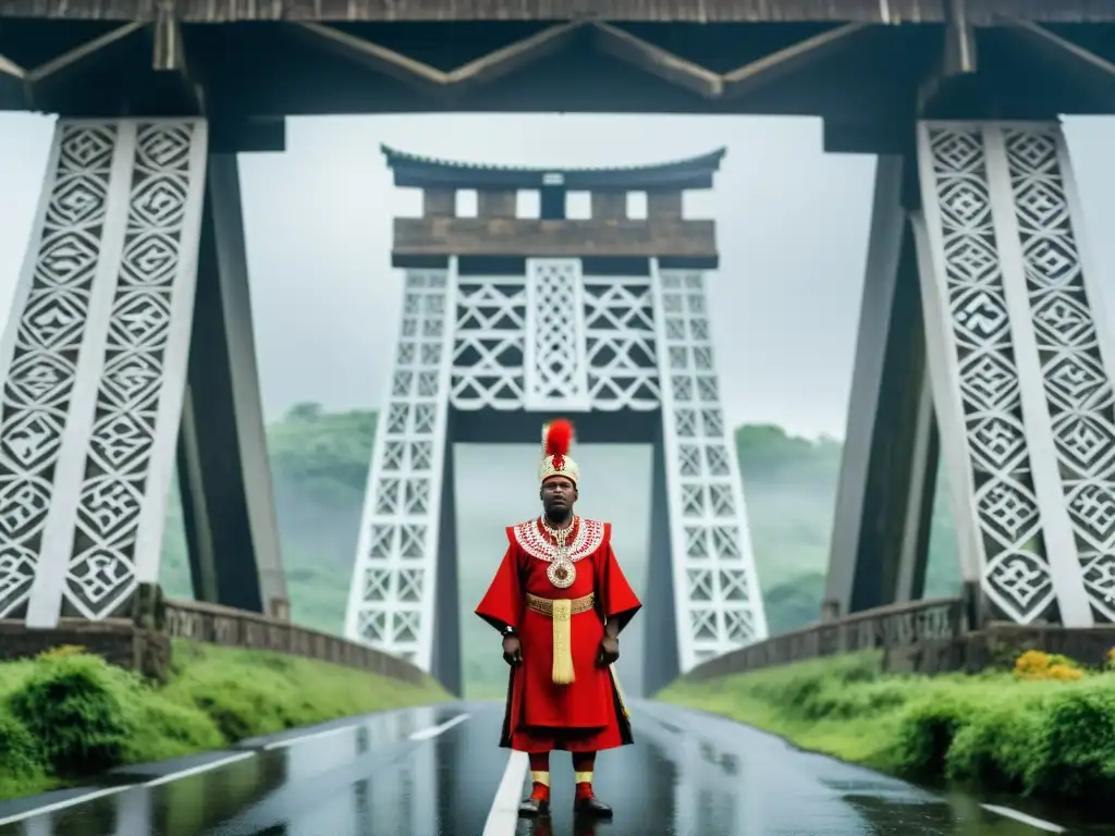 El guardián del puente de Hohoe, envuelto en misterio, exuda protección y sabiduría en su atuendo tradicional, frente al puente entre la niebla