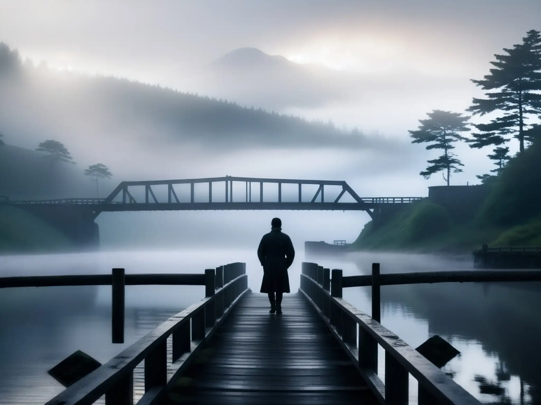 Un puente Inubashiri envuelto en niebla, con una figura misteriosa