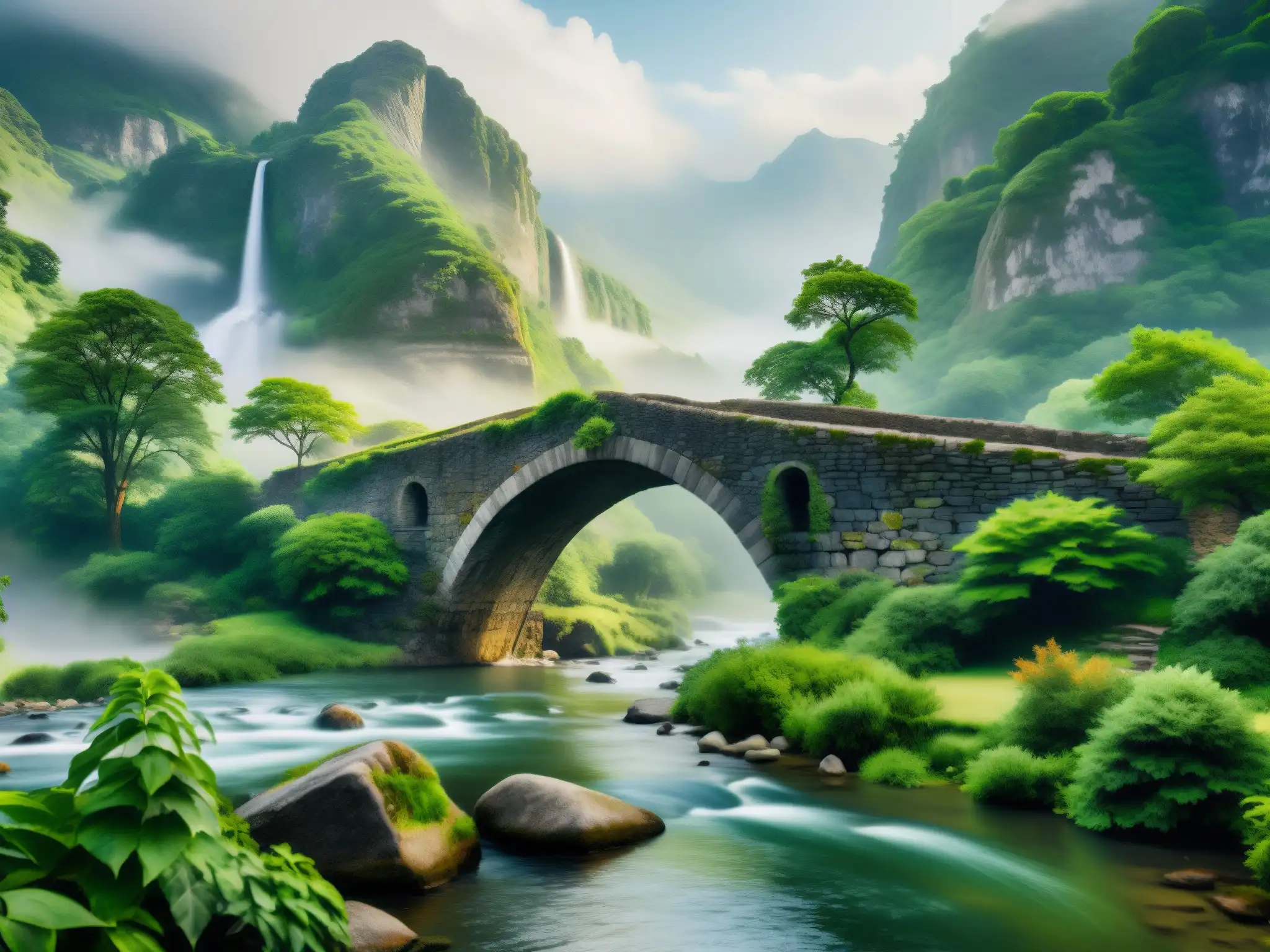 Un puente de piedra antiguo y misterioso cruza un río sereno, rodeado de exuberante vegetación y una montaña imponente