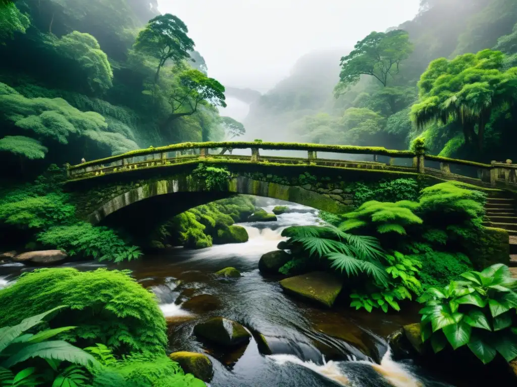 Un puente de piedra cubierto por la niebla se extiende sobre un río rápido, rodeado de exuberante vegetación