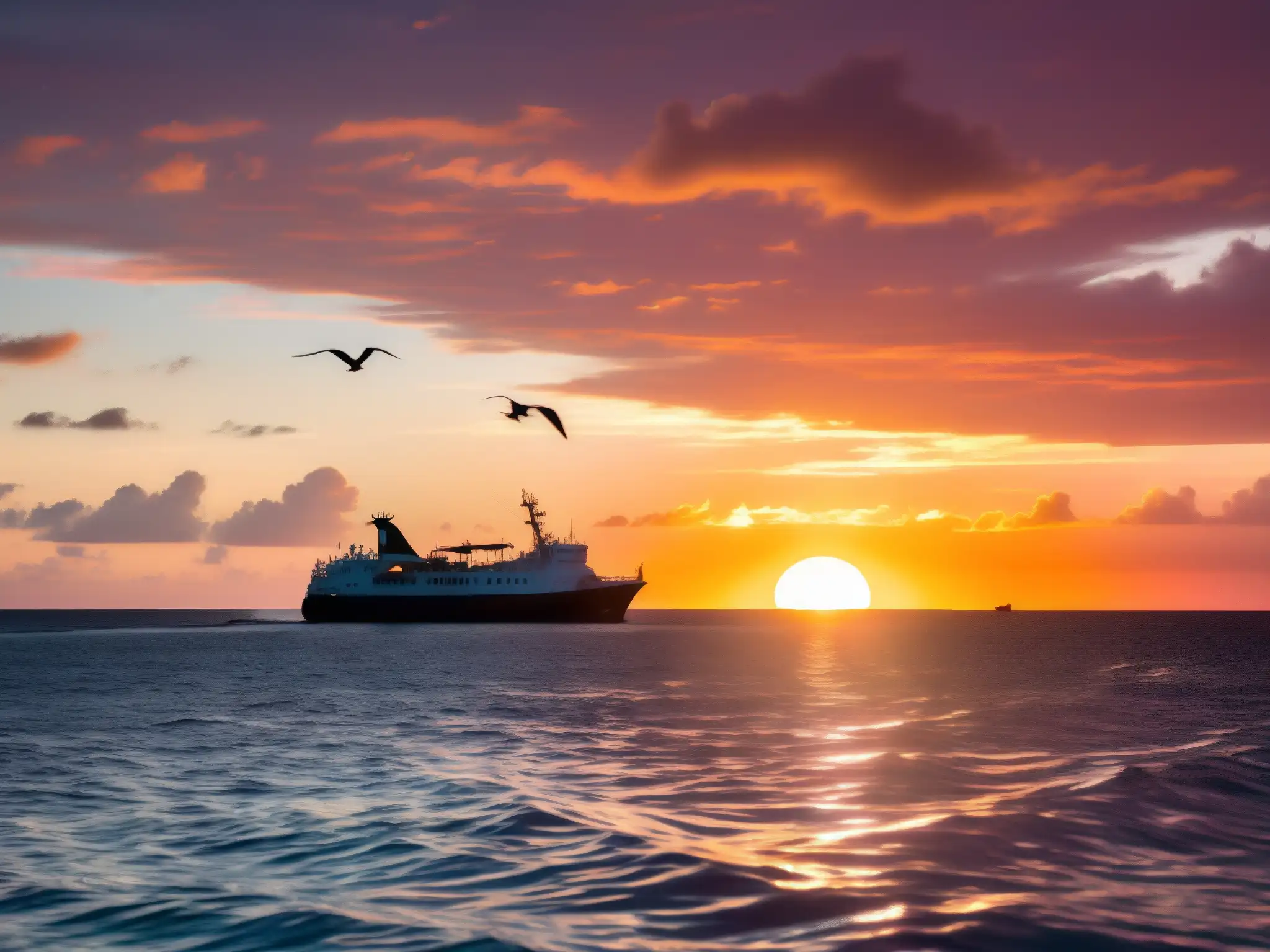 Una puesta de sol mística sobre las aguas del Triángulo de las Bermudas, con un barco distante y gaviotas en vuelo