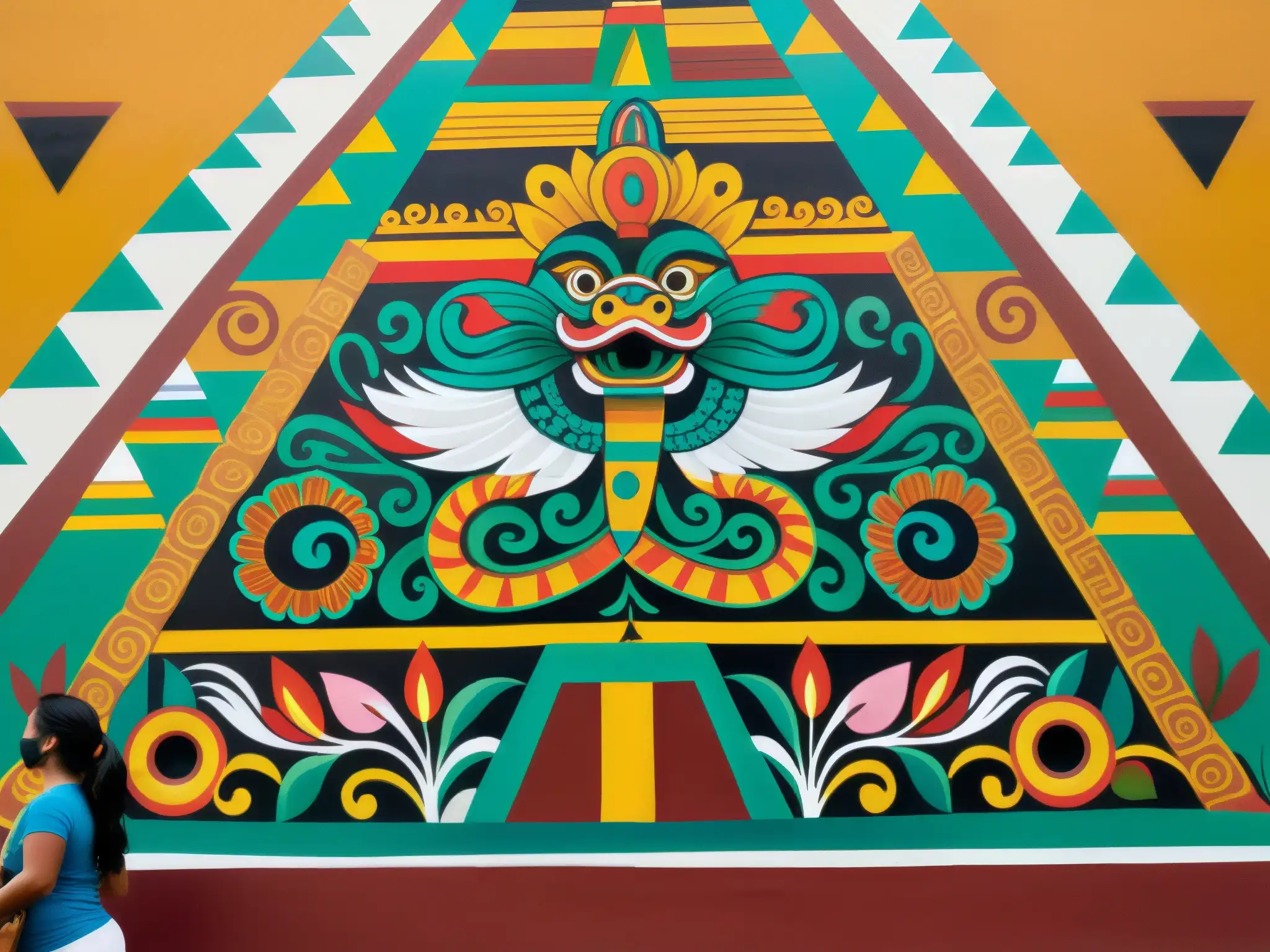 Quetzalcóatl, mito y leyenda de la cultura mexicana, representado en un detallado mural con colores vibrantes y patrones intrincados, evocando la rica herencia cultural de México