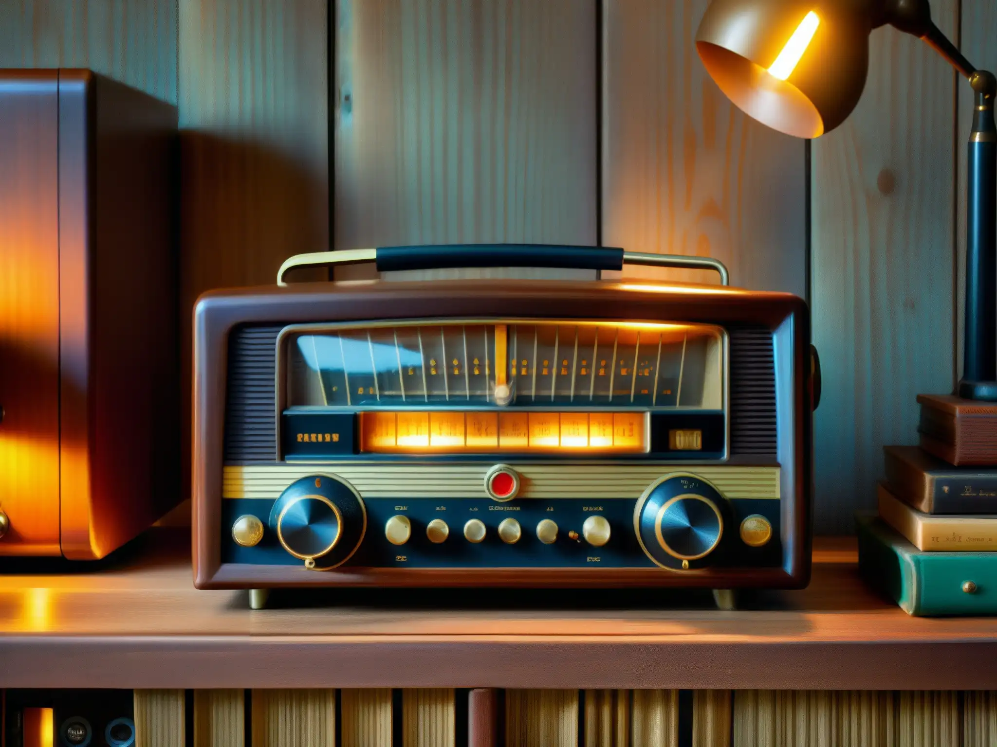 Una radio vintage rodeada de vinilos, auriculares antiguos y una mesa de madera, iluminada por un cálido resplandor nostálgico