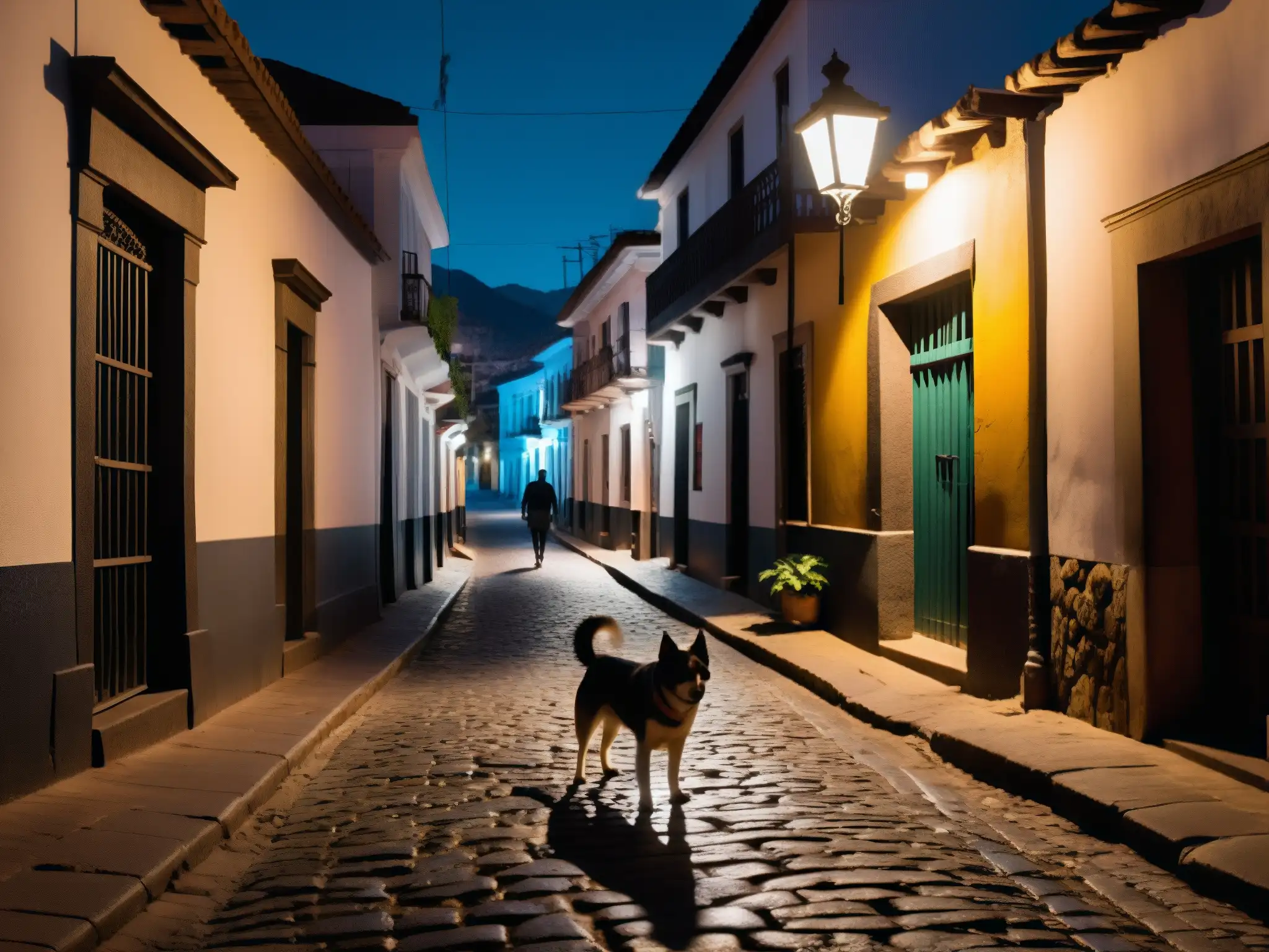 Realidad paranormal en las noches sudamericanas: calle solitaria iluminada por luces de la calle, figuras misteriosas y perros en las sombras