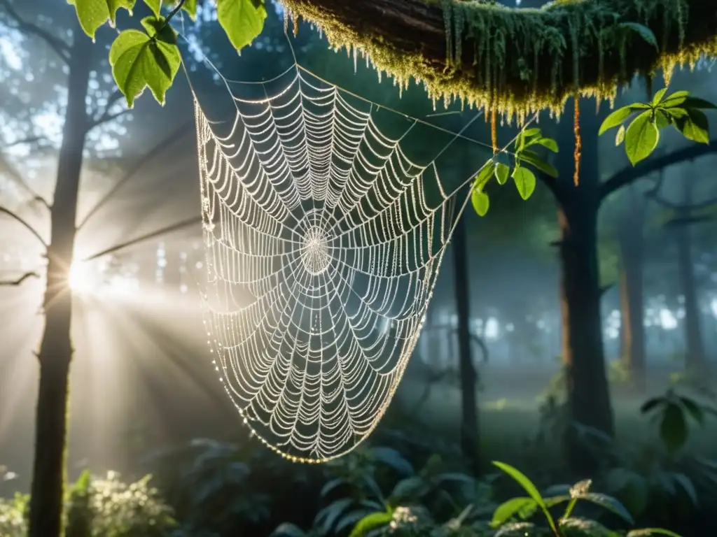 Una red de araña gigante tejida con maestría entre árboles antiguos en un bosque neblinoso
