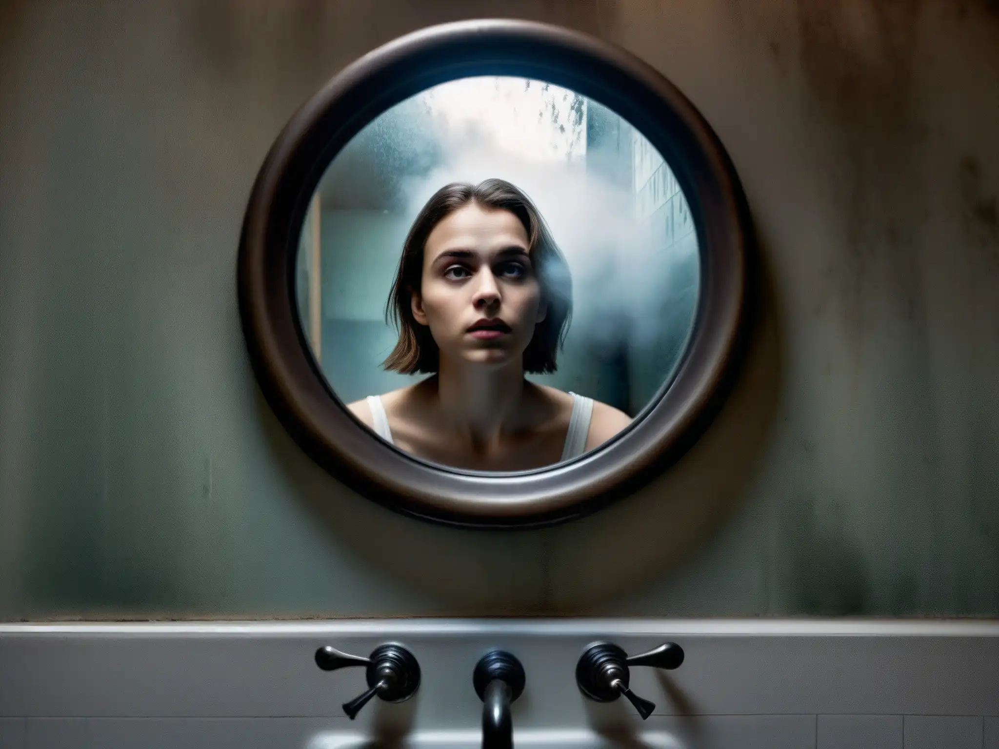 En el reflejo del espejo del baño, una joven asustada parece invocar a la evolución leyenda Bloody Mary era digital