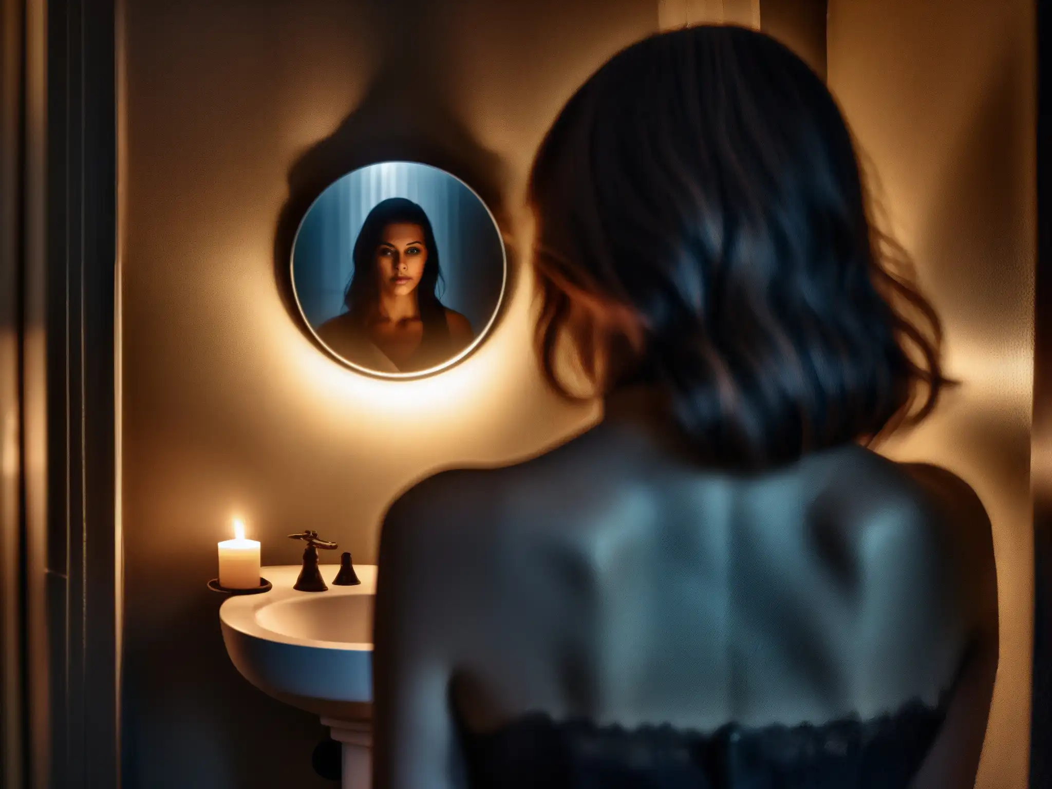 Reflejo fantasmal en espejo empañado, velas y rostro aterrado: atmósfera para análisis psicológico leyenda Bloody Mary