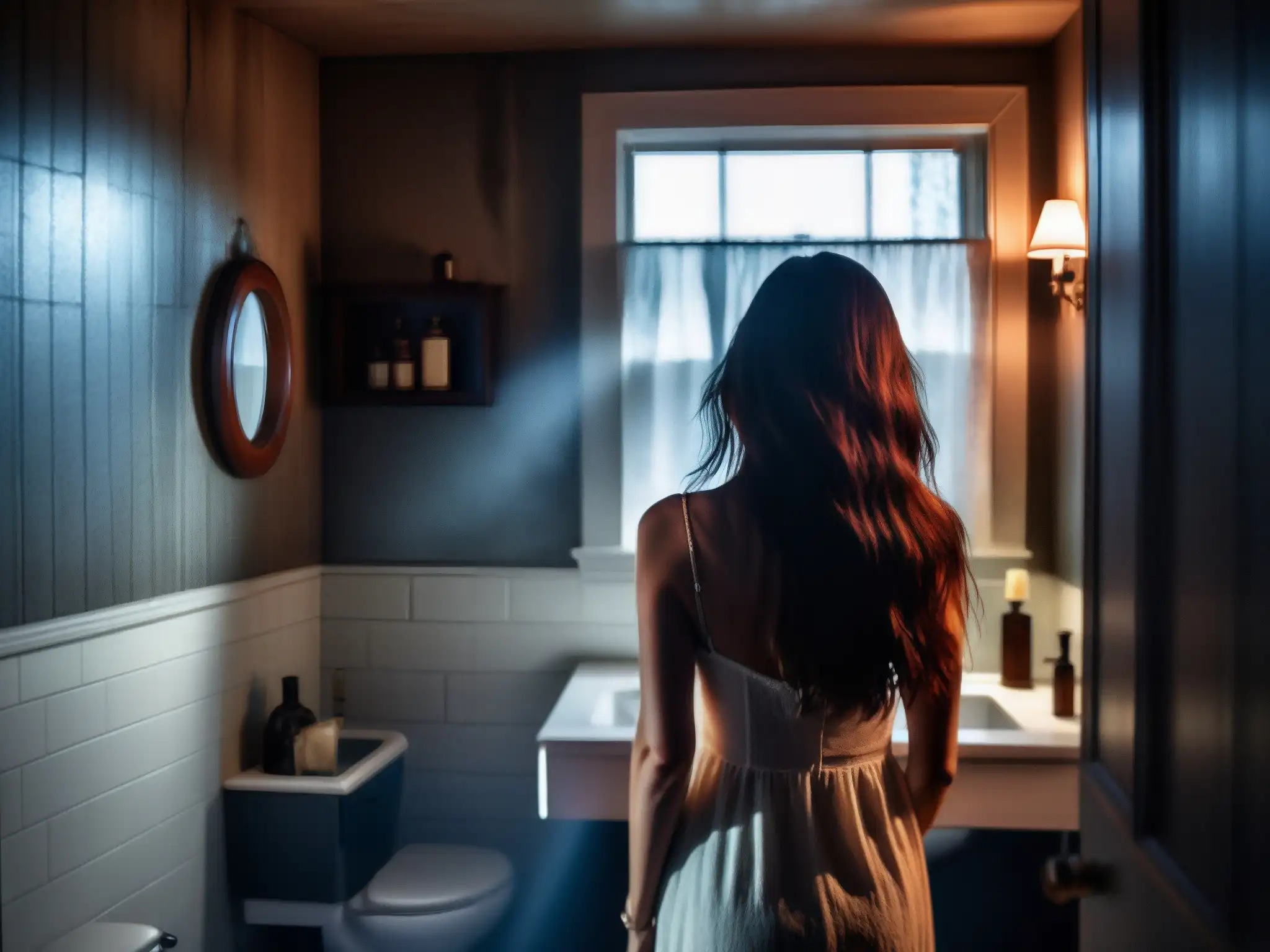 Reflejo fantasmal de una mujer en un baño lúgubre, capturando el origen histórico de Bloody Mary con una atmósfera sobrenatural