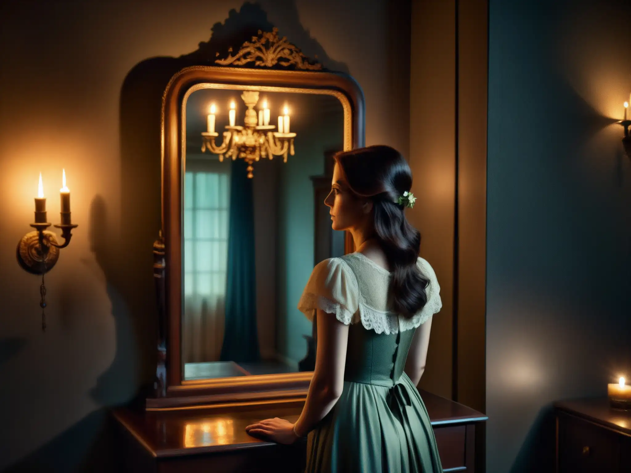 Reflejo fantasmal de una mujer en un espejo antiguo en una habitación oscura y misteriosa, evocando el origen histórico de Bloody Mary